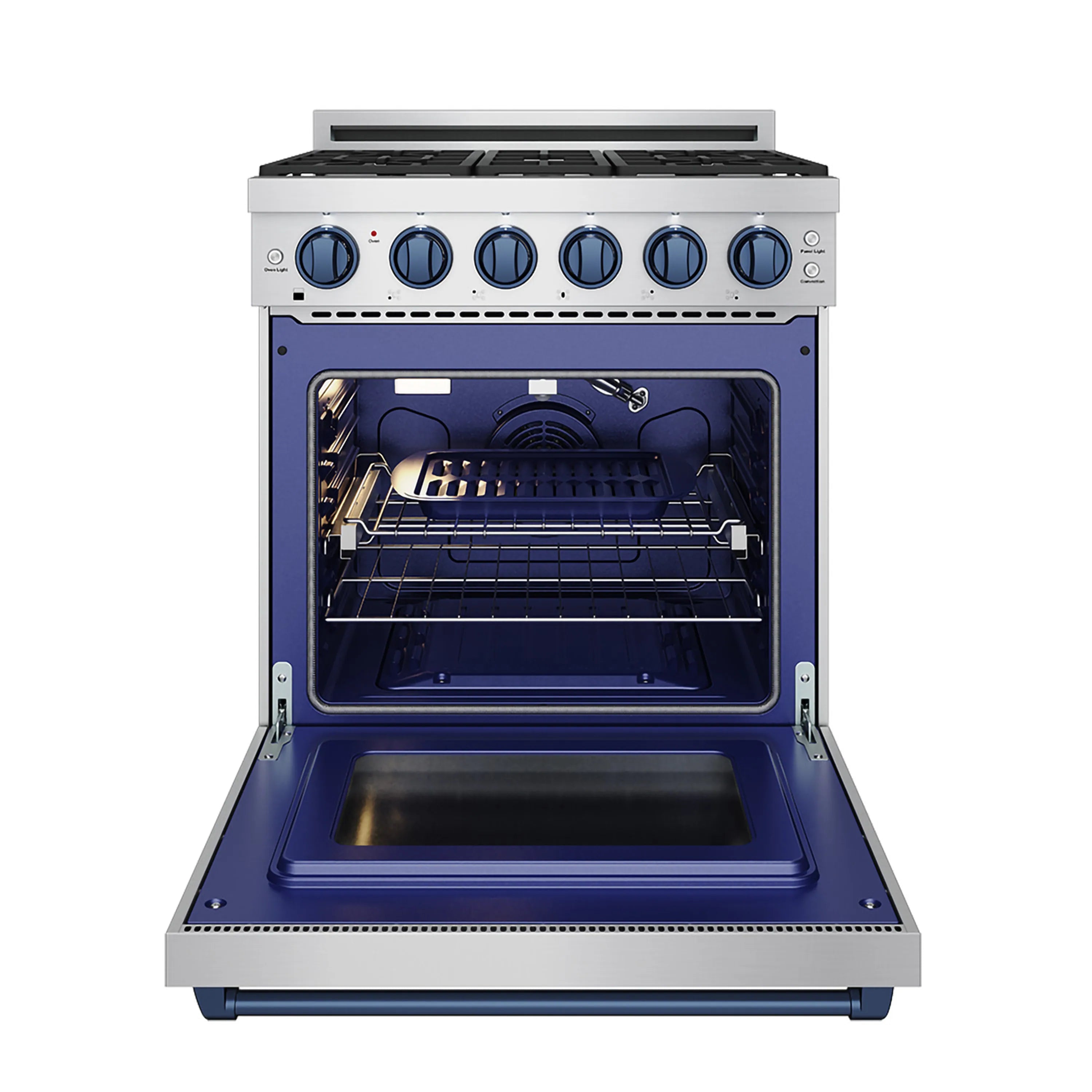 Stainless steel gas range with open oven door showing oven rack and blue enamel floor.