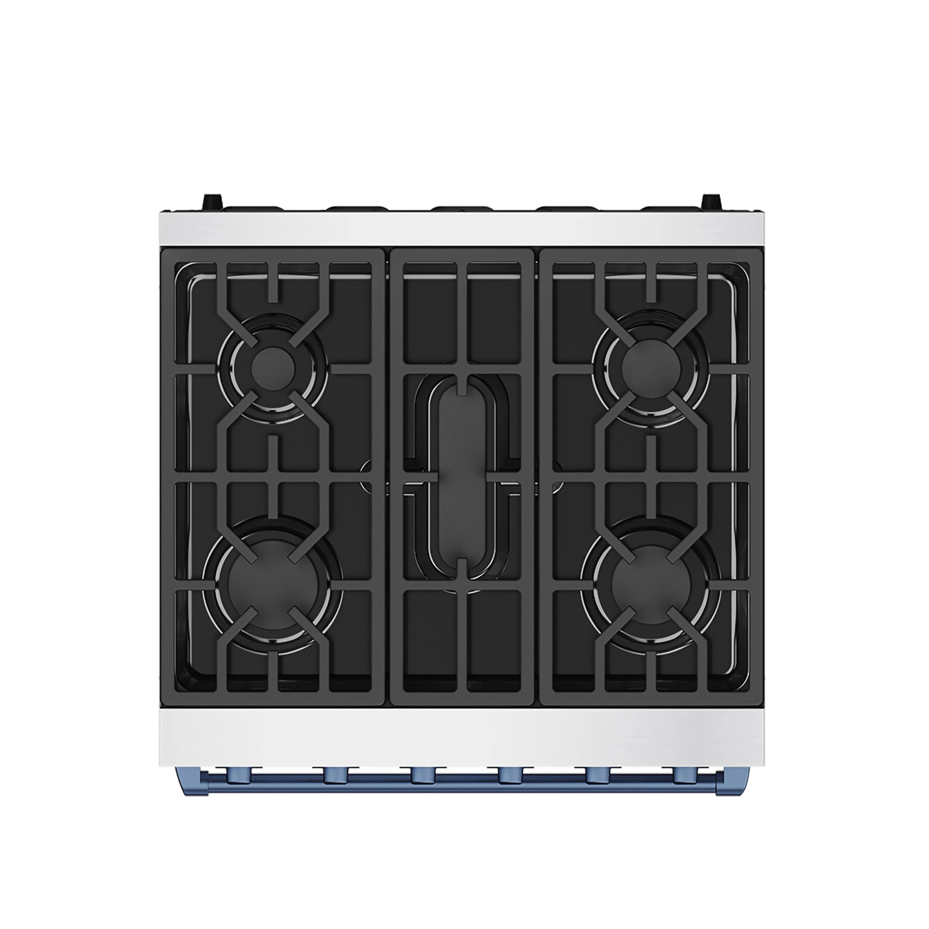 Stainless steel gas cooktop with four black burner grates and blue trim front rail.