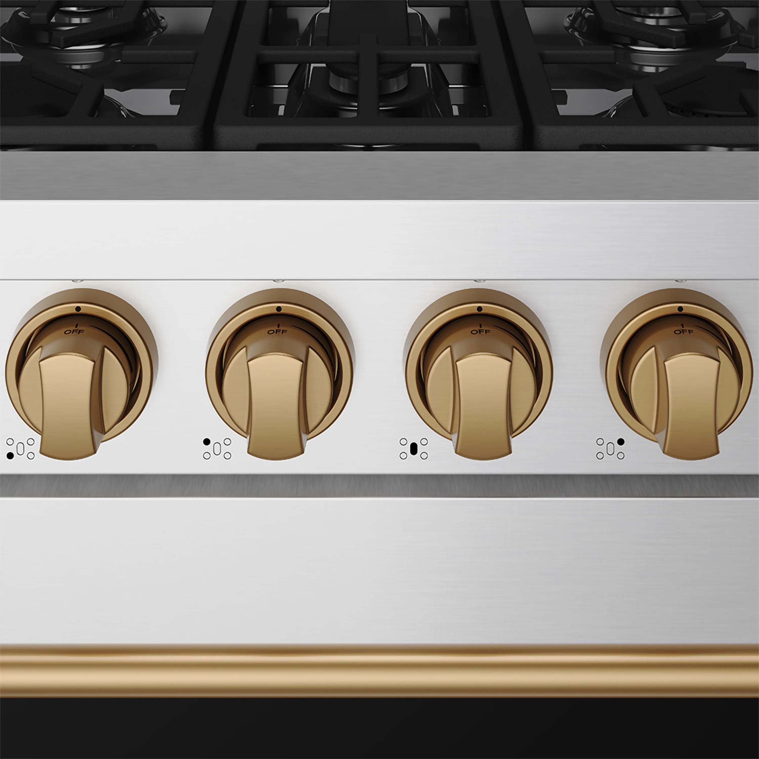 Stainless steel gas range control panel with four bronze knobs and burner icons