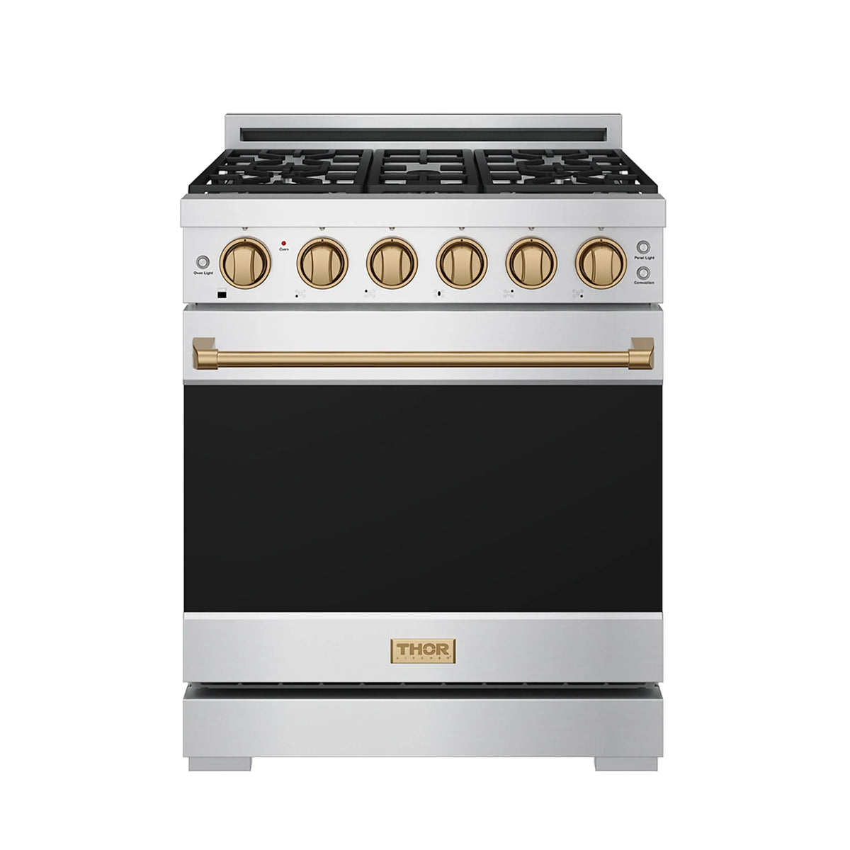 Stainless steel gas range front view with bronze control knobs and long bronze handle