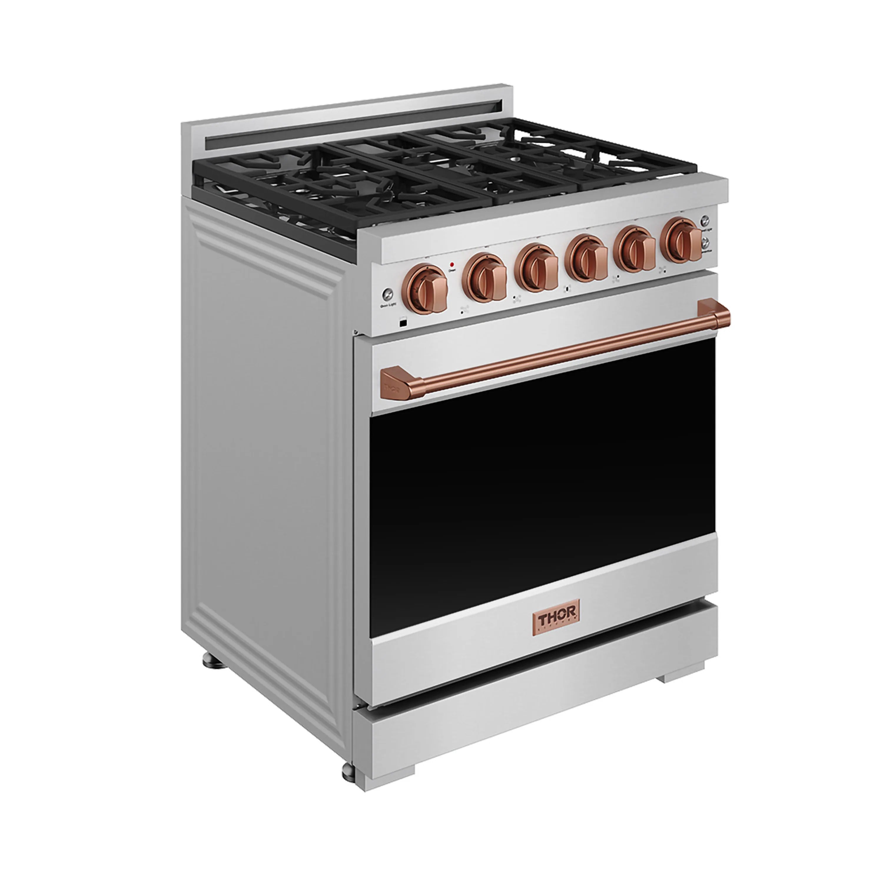 Stainless steel gas range with rose gold trim, side knobs, and closed oven door