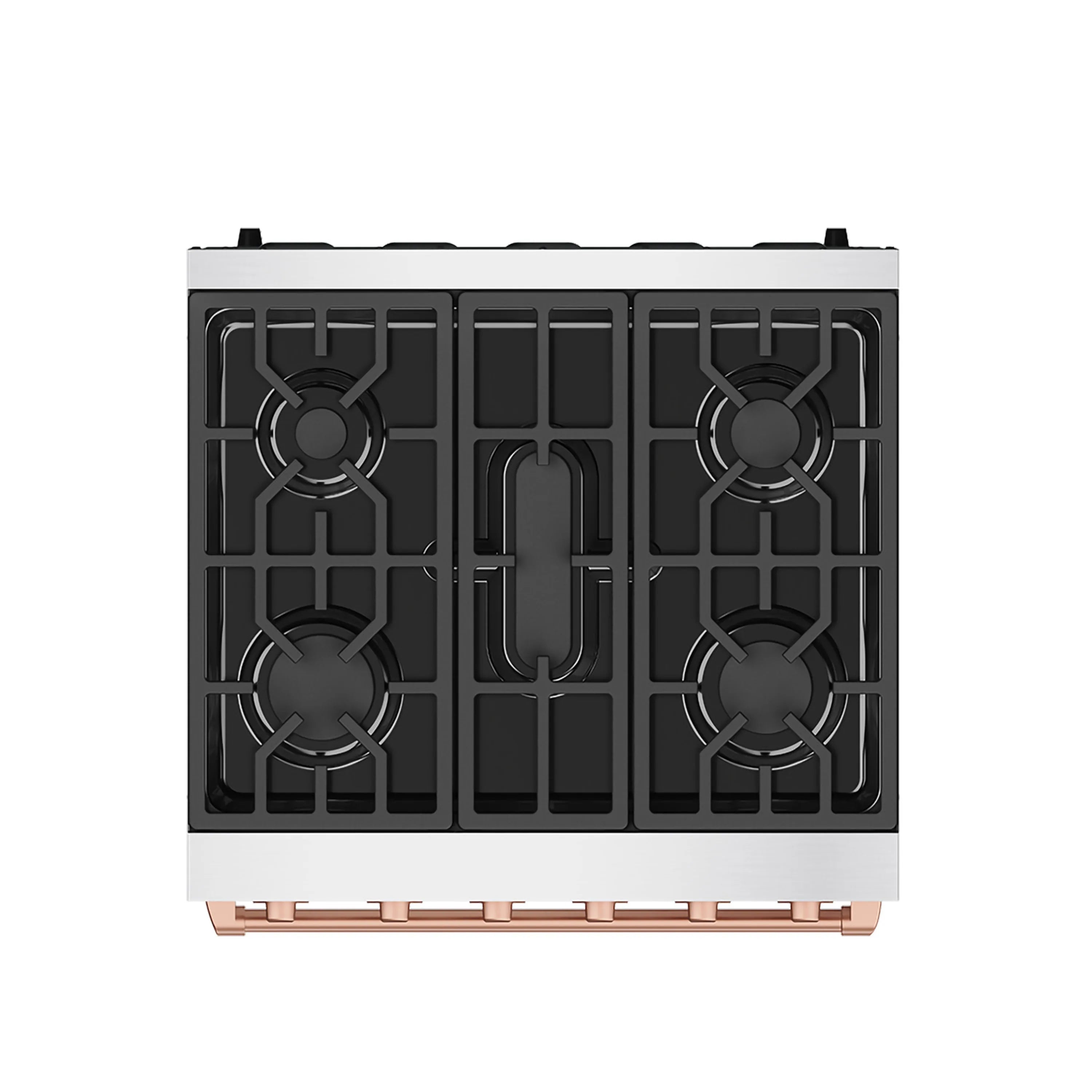 Front view of stainless steel gas range with four black burner grates and copper handle