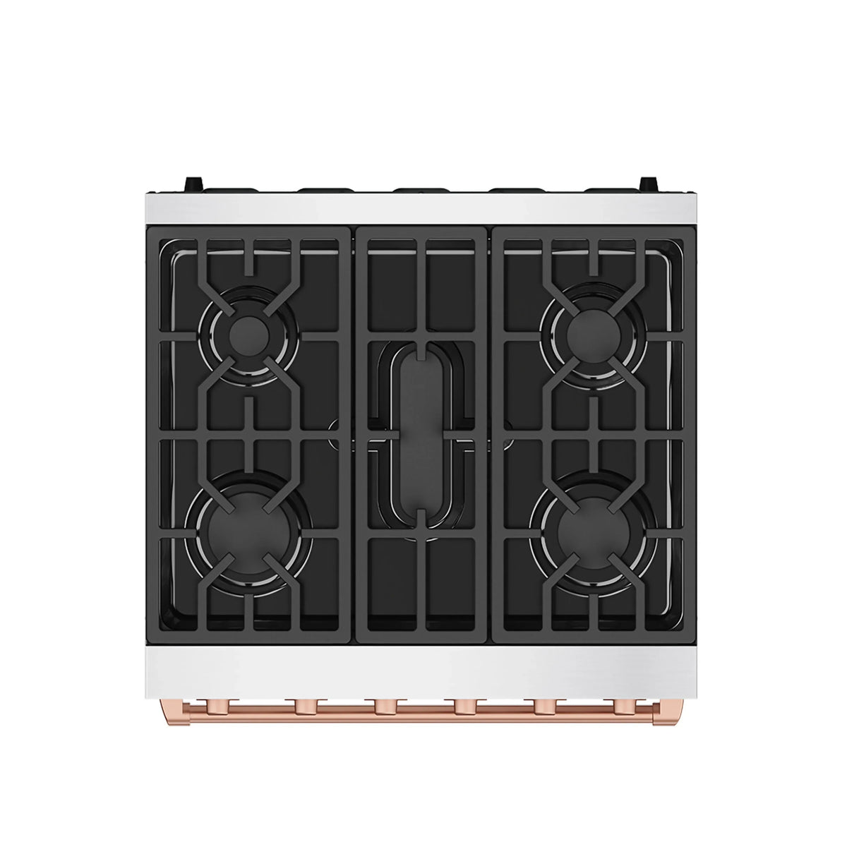 Gas range cooktop with four black grates and stainless front panel