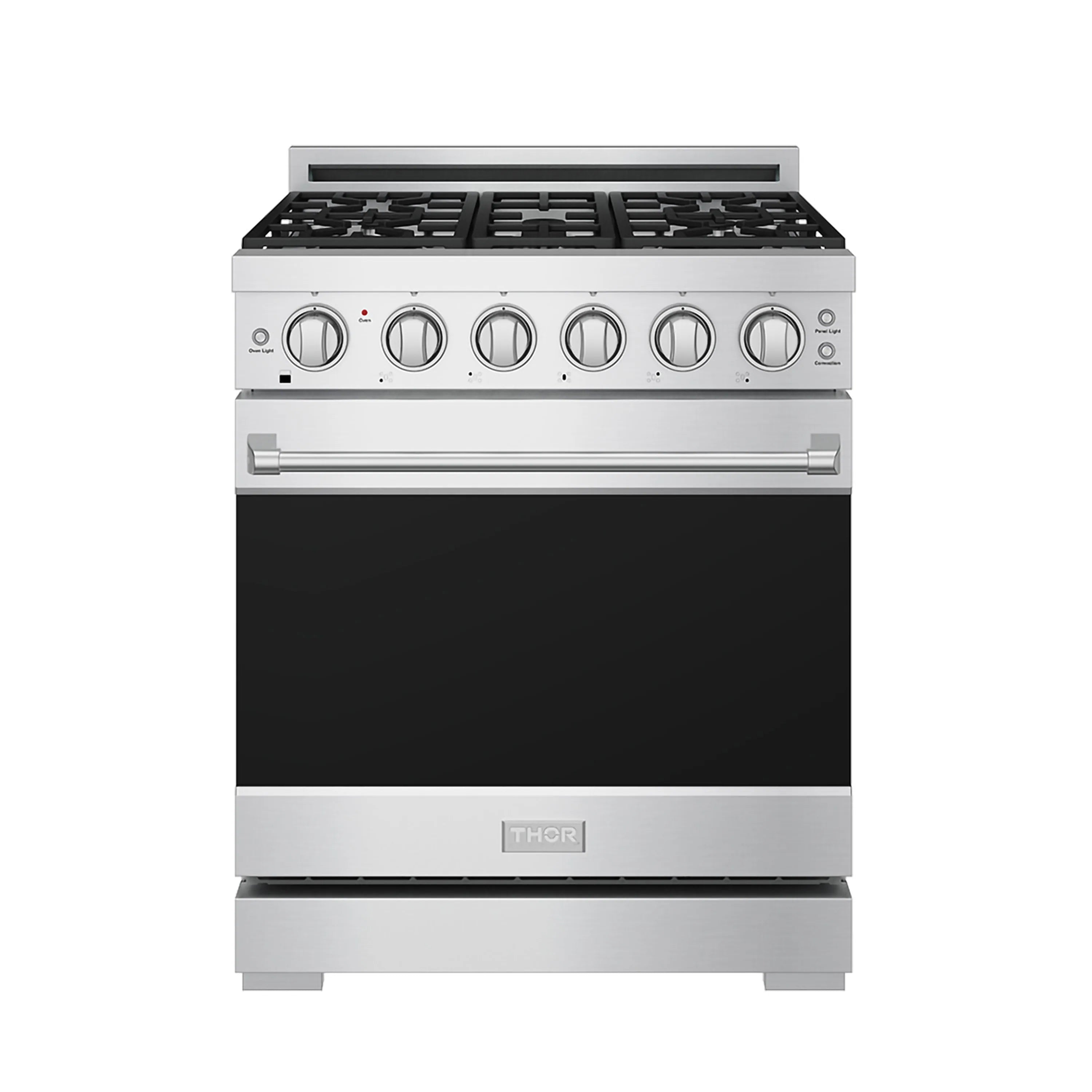 Stainless steel gas range with six front burner knobs and closed black oven door
