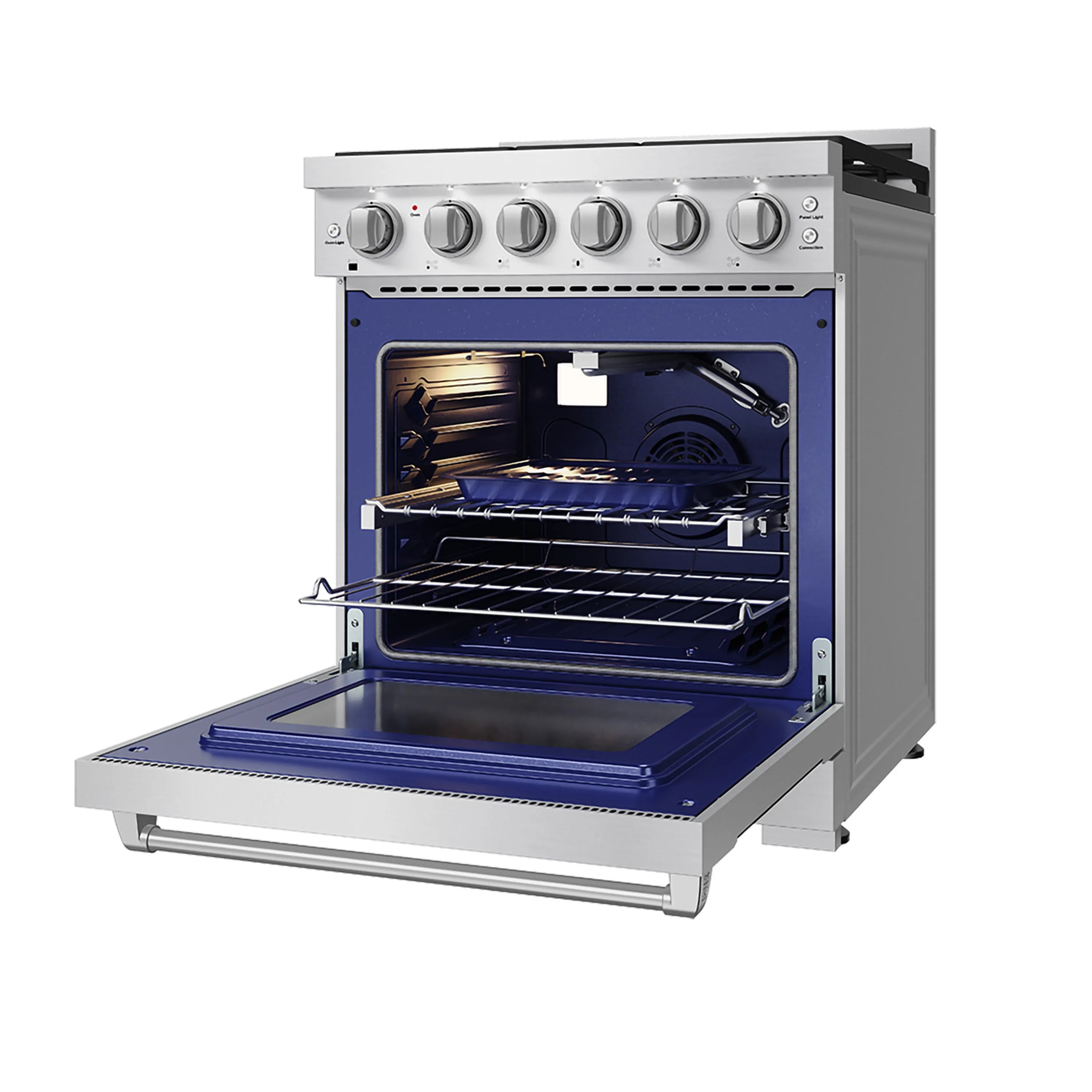 Stainless steel gas range open door showing oven interior and rack