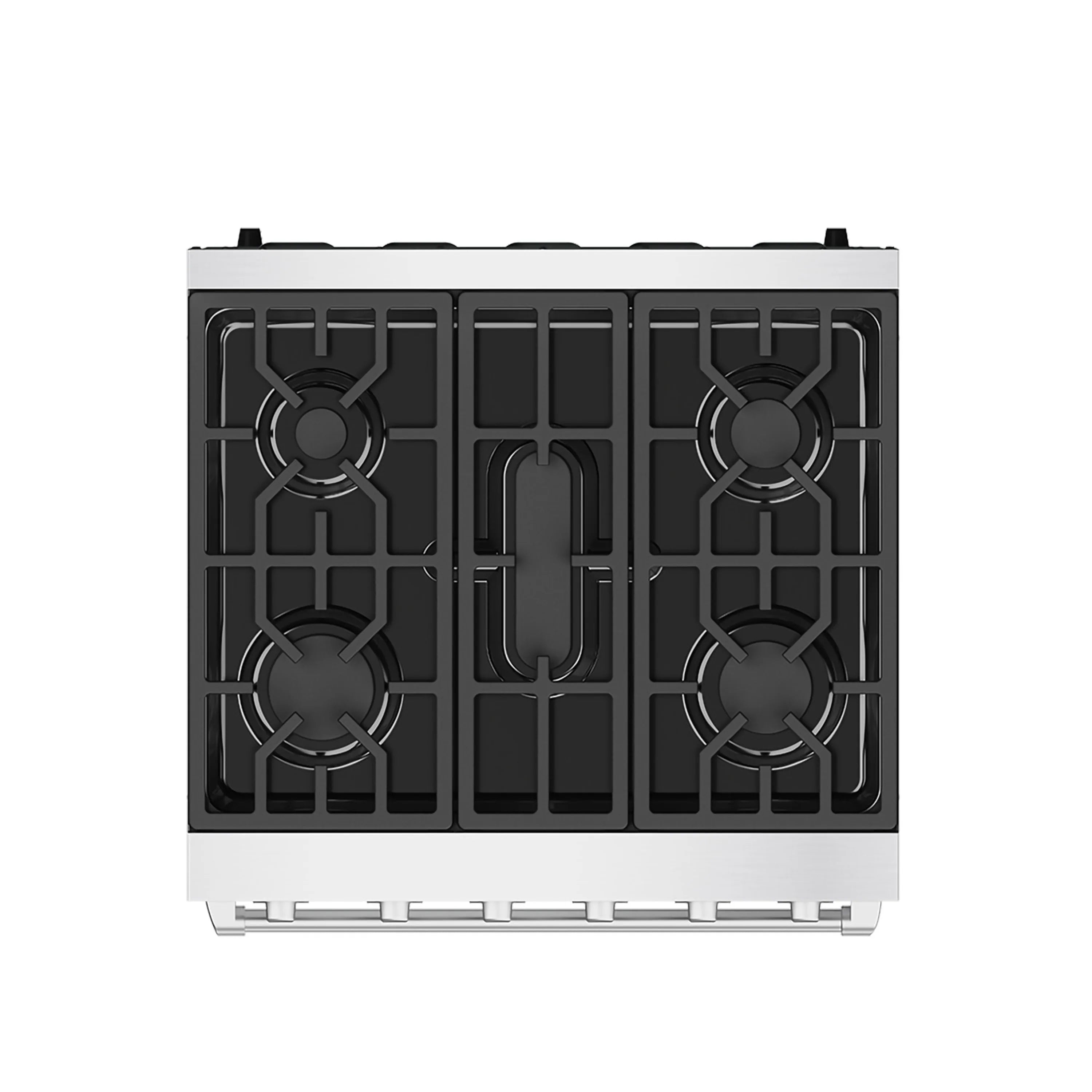 Gas range burner grates and control panel on stainless steel front with four burner icons