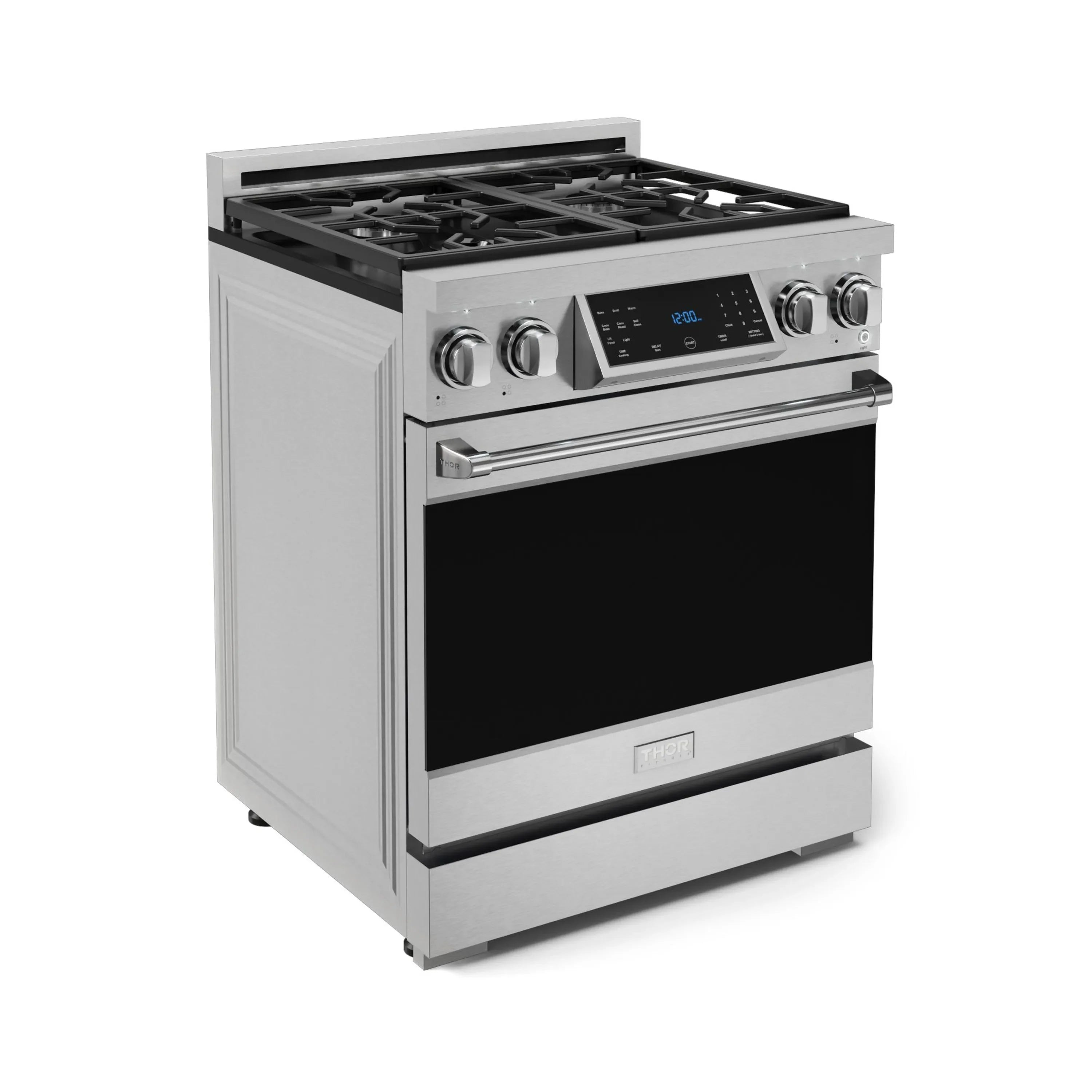 Stainless steel gas range with four burners and round control knobs, black oven door