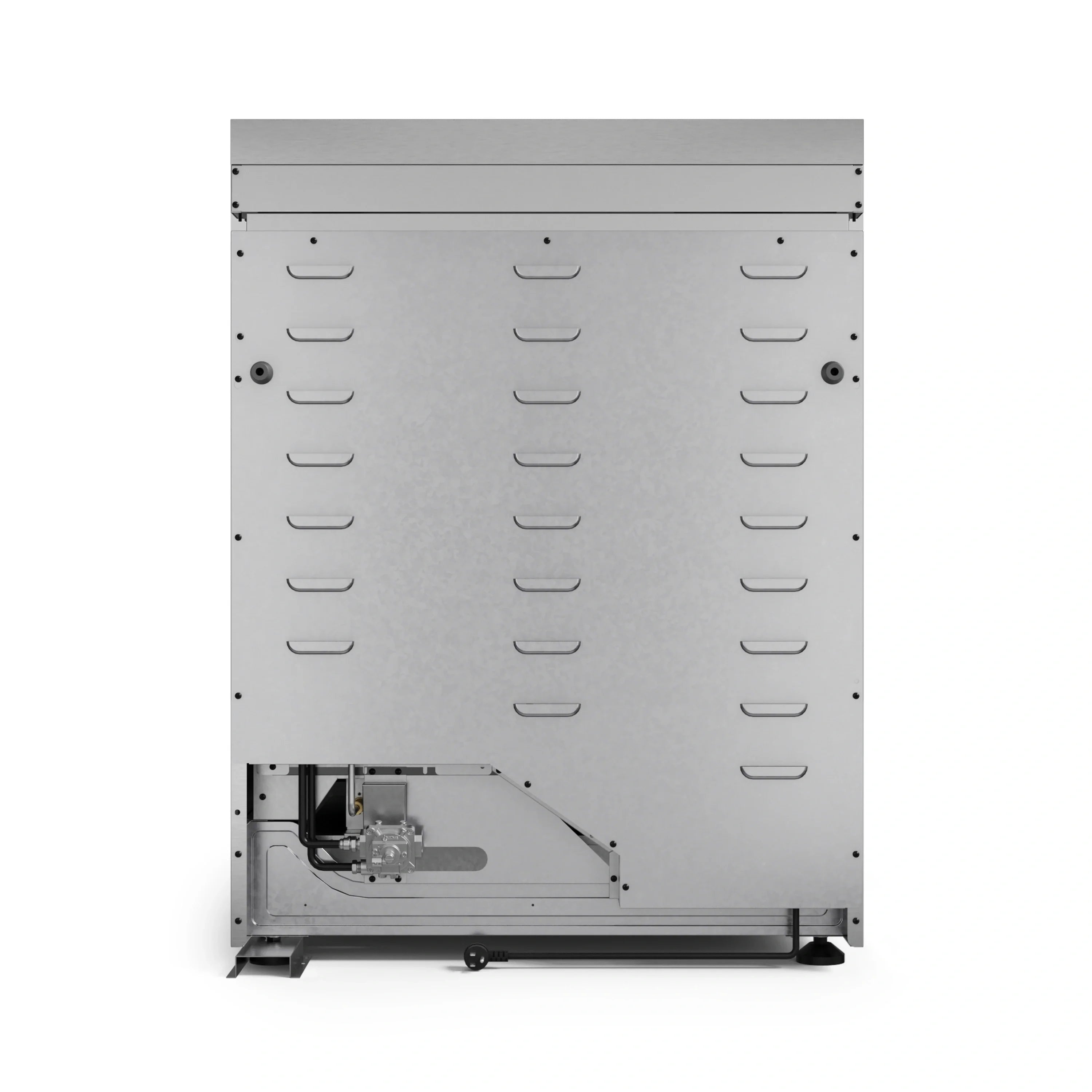 Stainless steel gas range rear panel with internal burner components