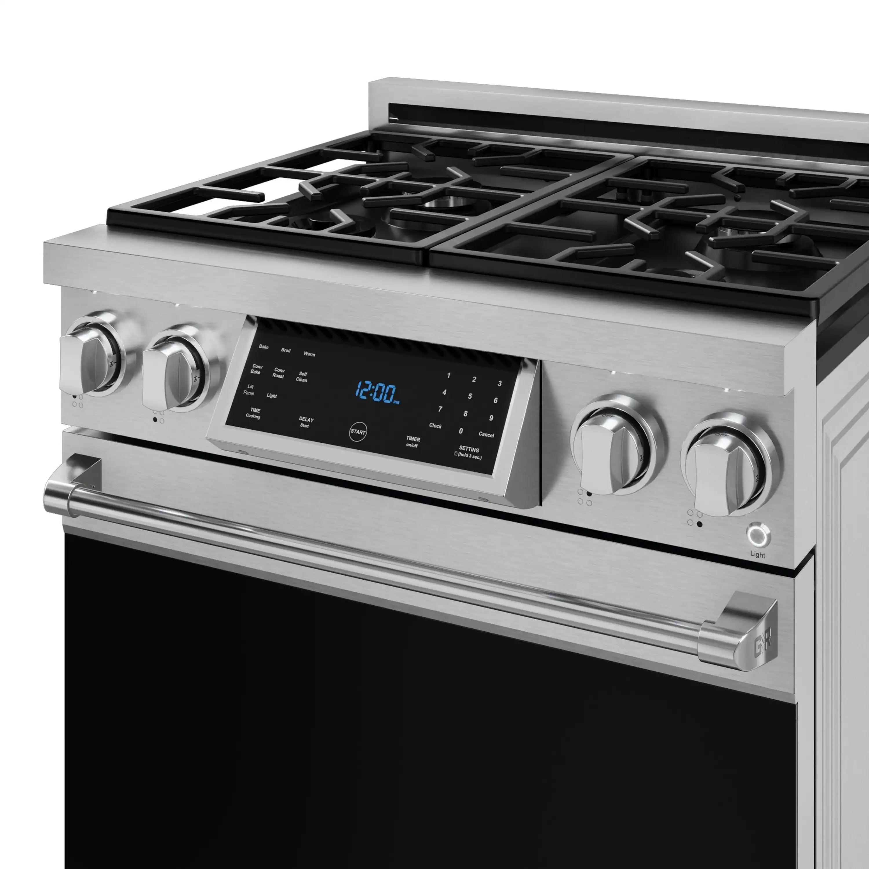 Stainless steel gas range control panel with digital display and burner knobs