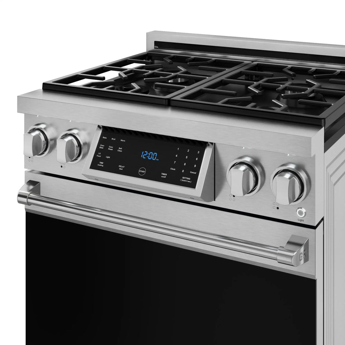 Stainless steel 30-inch gas range control panel with illuminated display and knobs