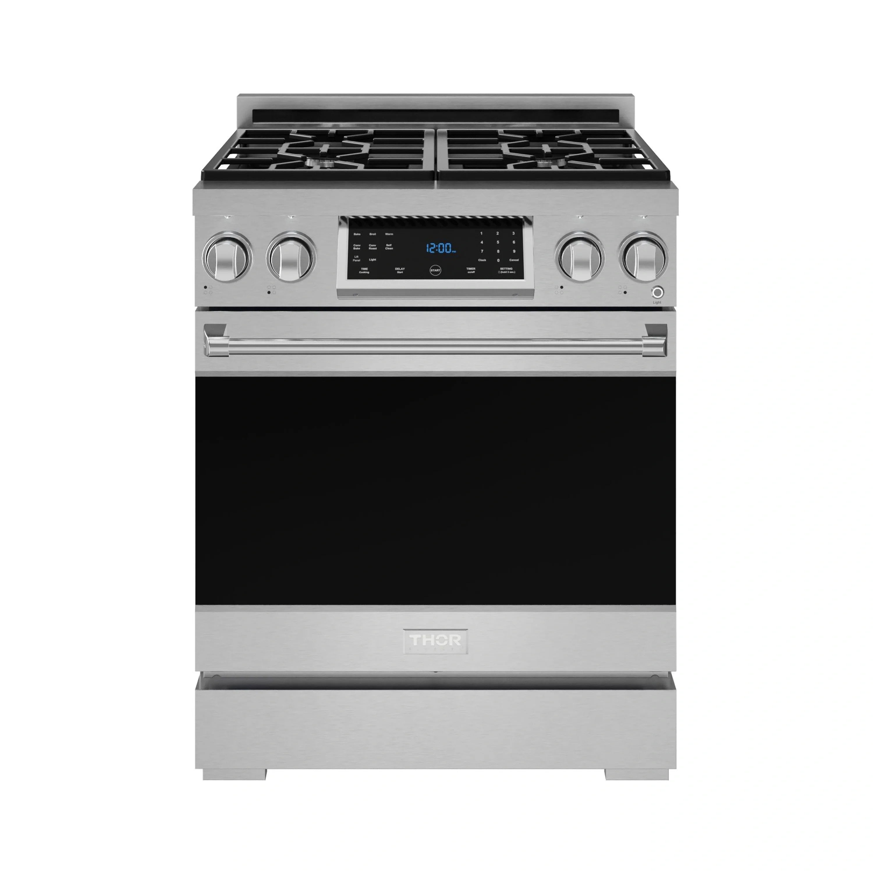 Stainless steel propane gas range with four burners and front control panel