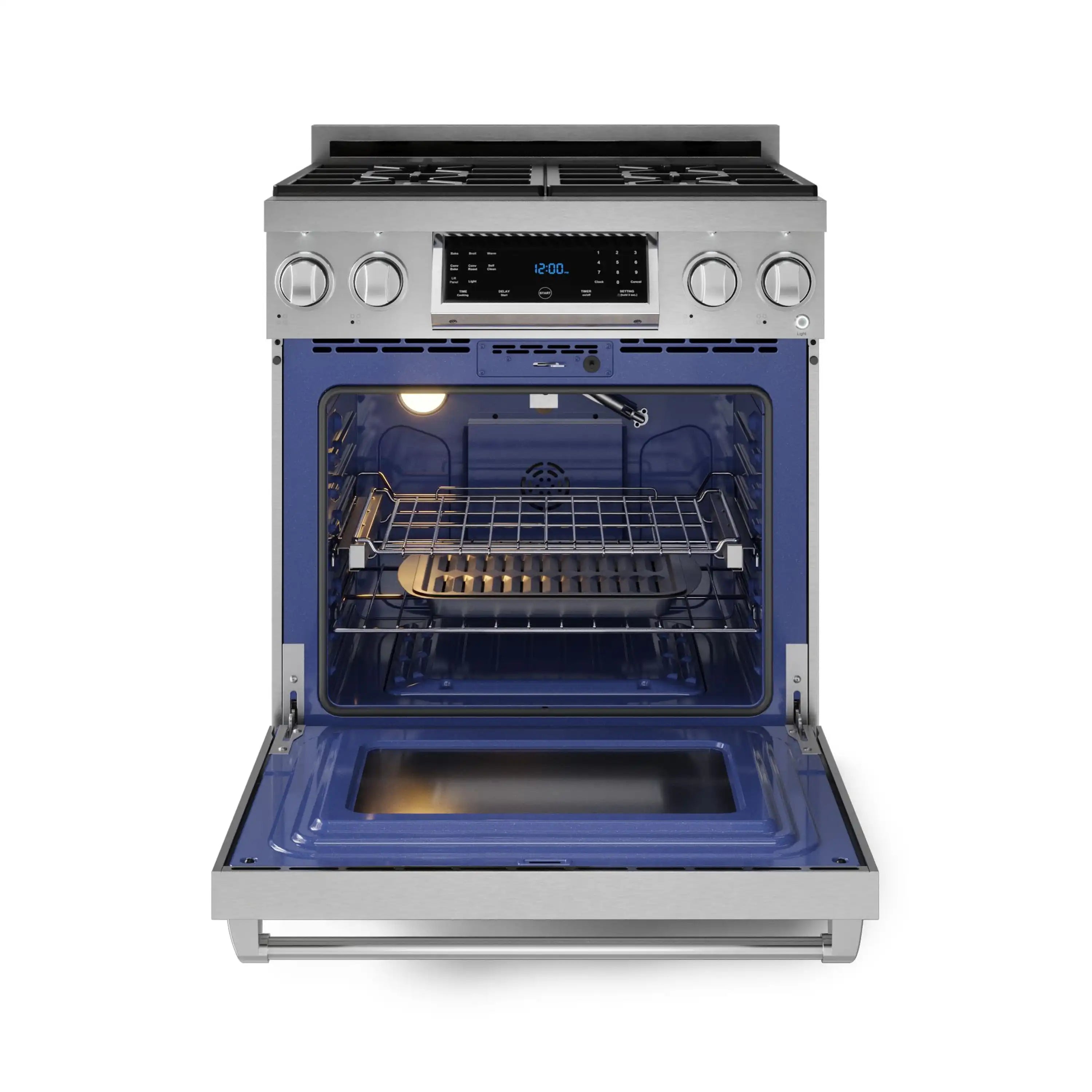 Stainless steel gas range with oven door open and blue interior racks
