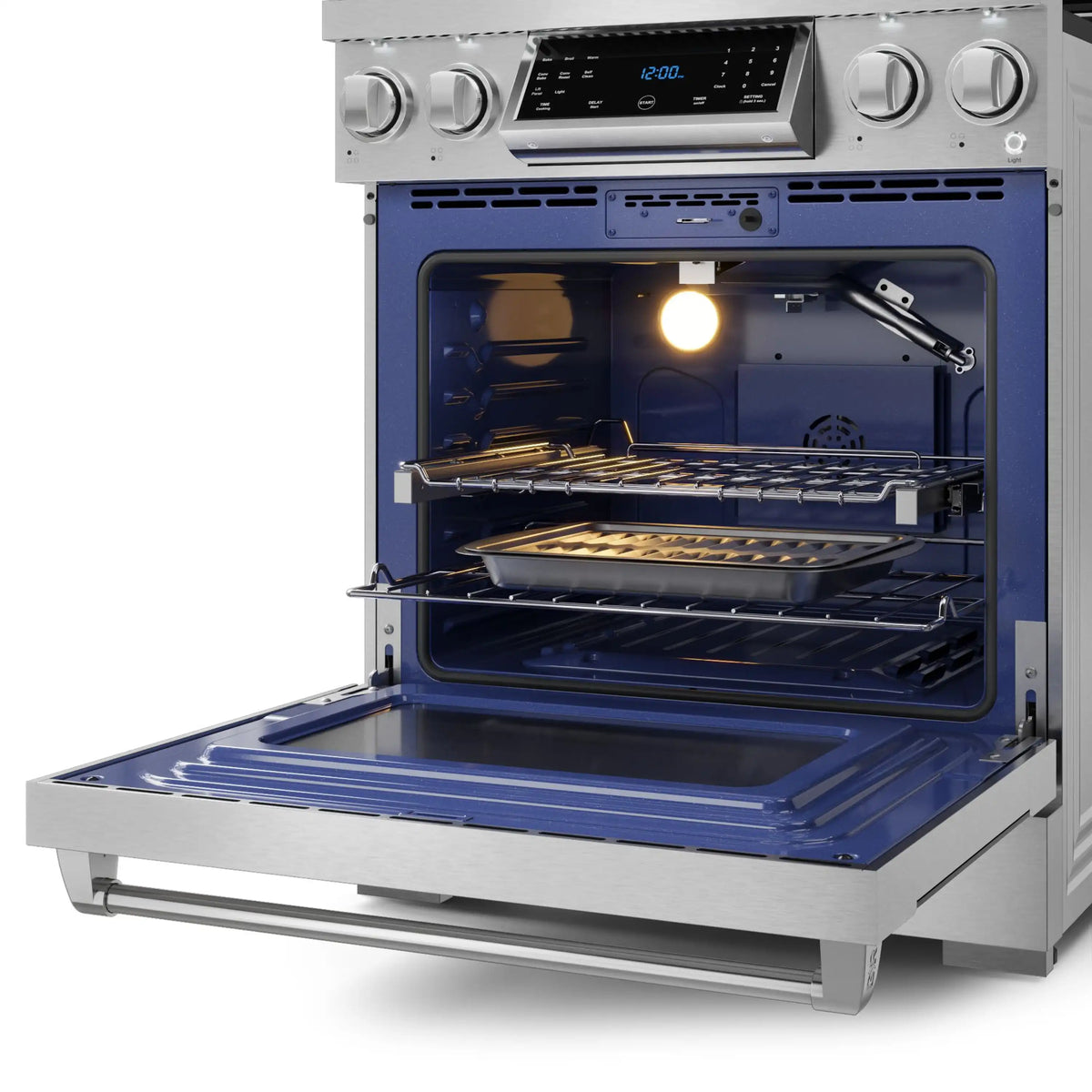 Stainless steel gas range with open oven and blue interior tray, oven light on