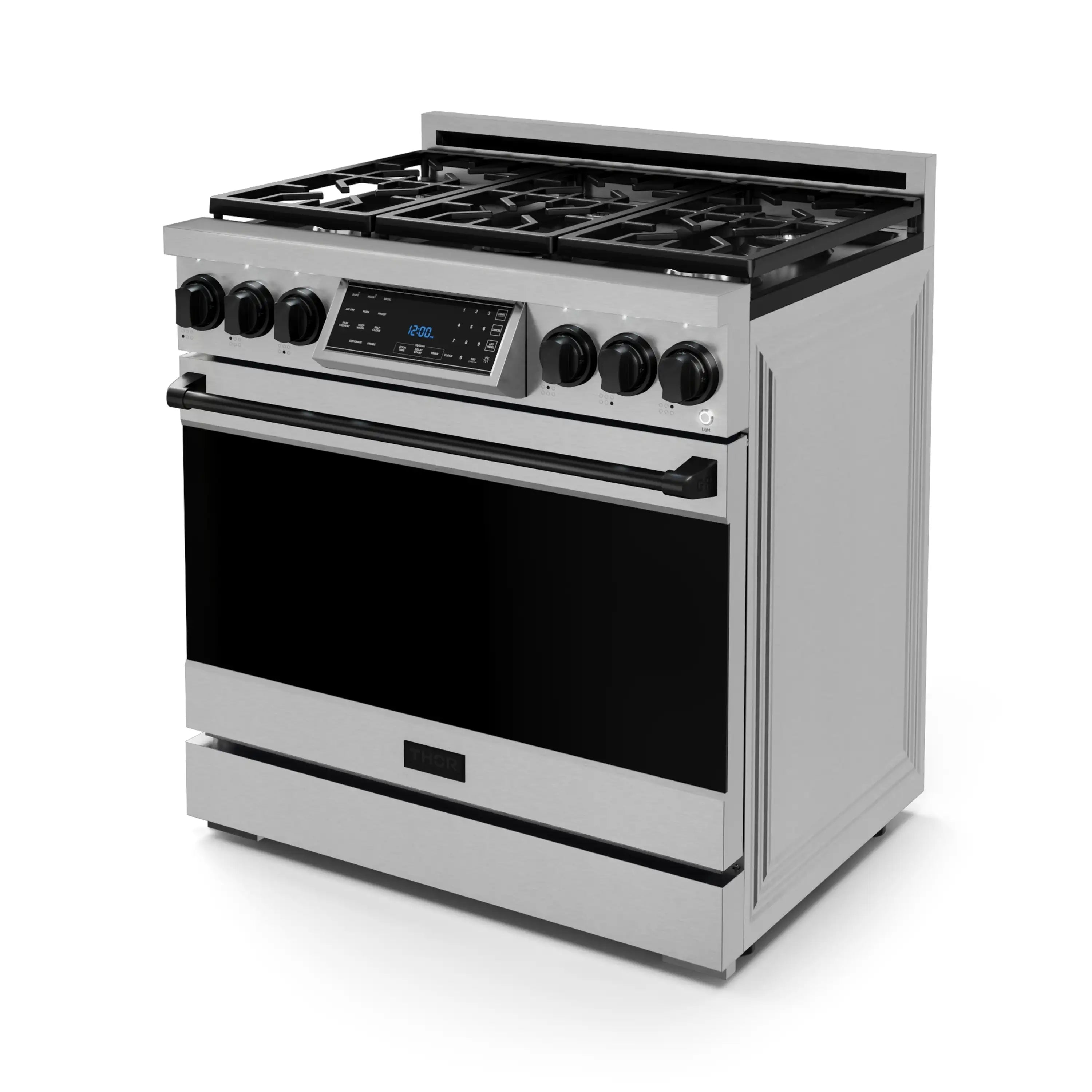 Stainless steel gas range with black oven door, tilt touch control panel, and burners