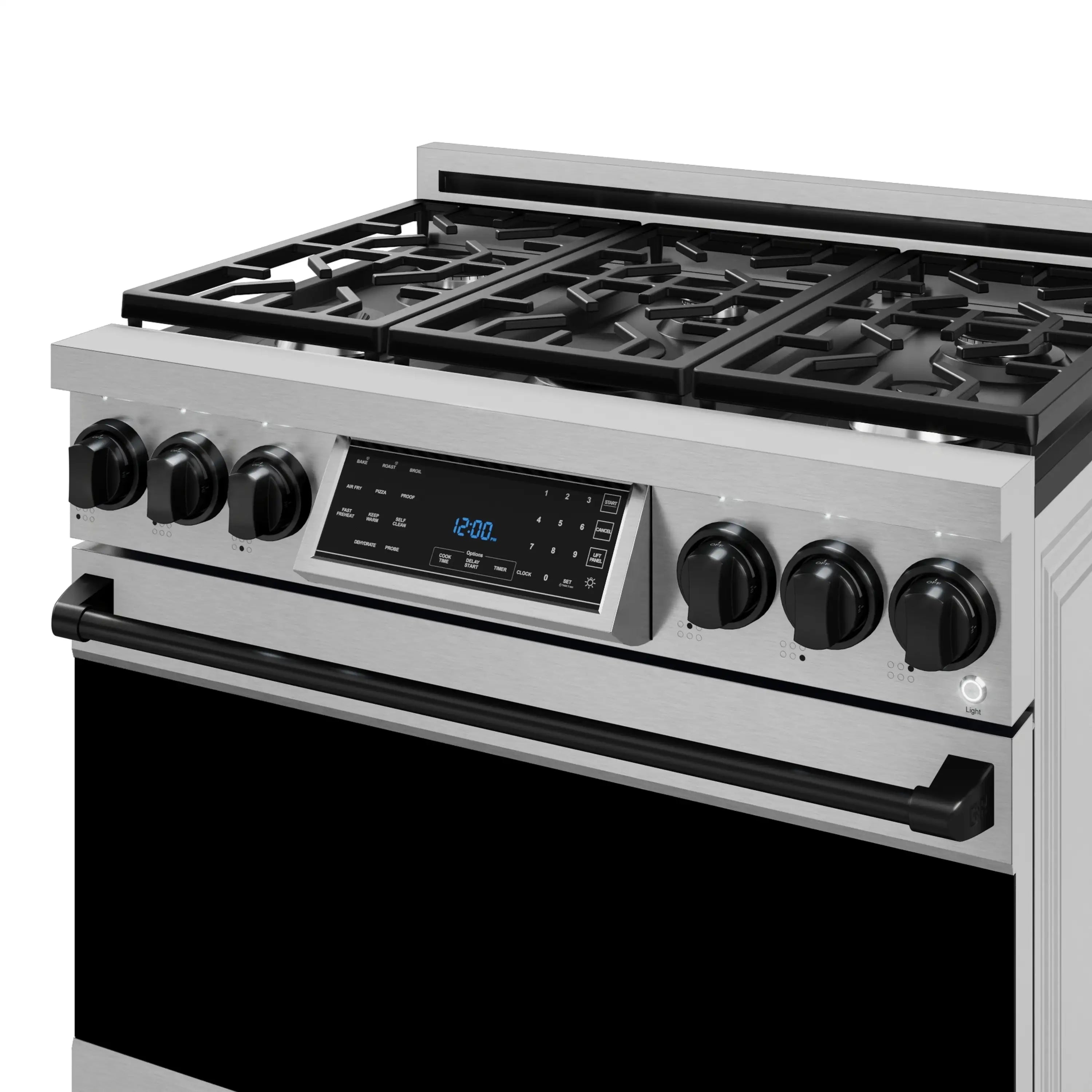 Stainless steel 36-inch professional gas range with black grates and tilt control panel
