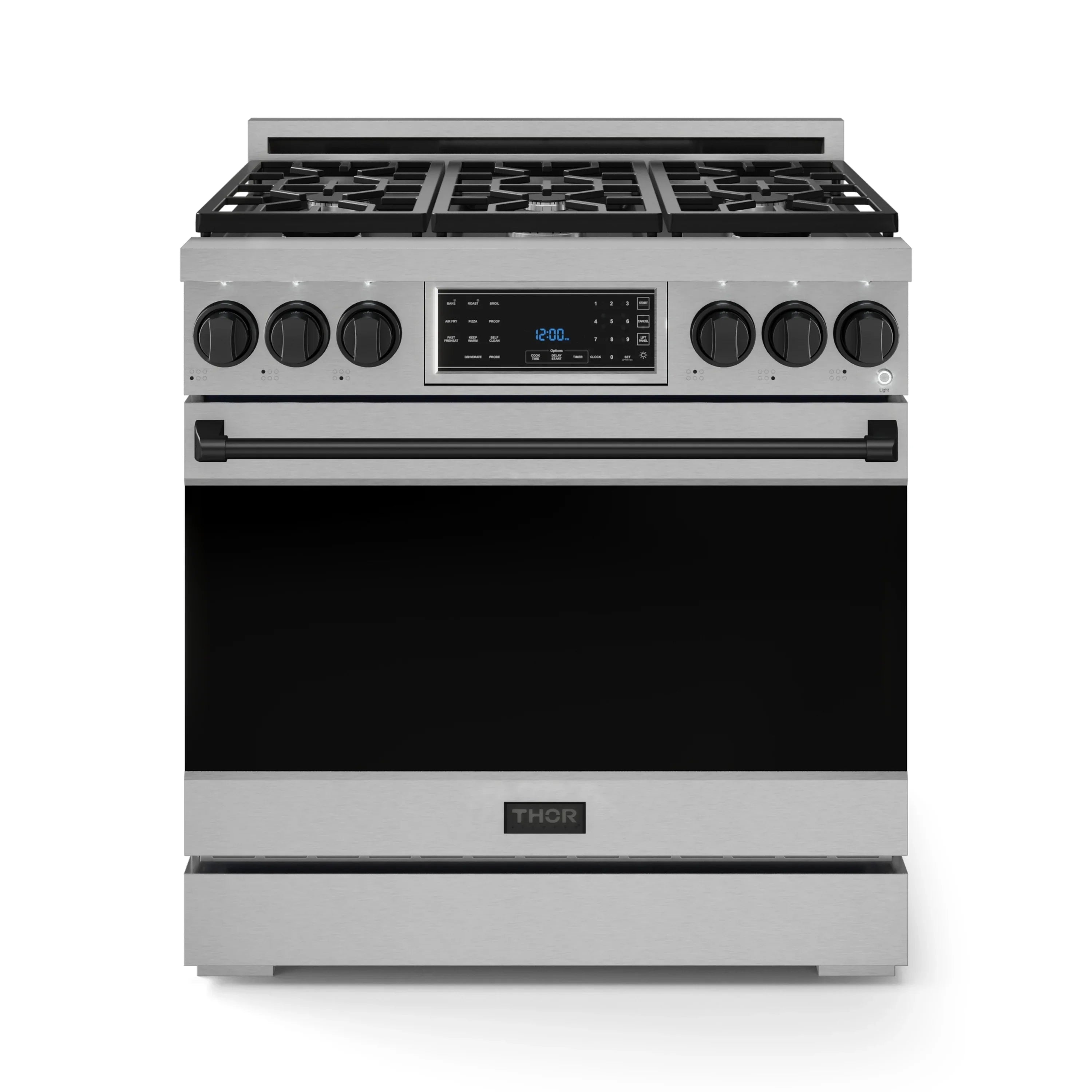36-inch stainless steel propane gas range with black cooktop grates and control panel