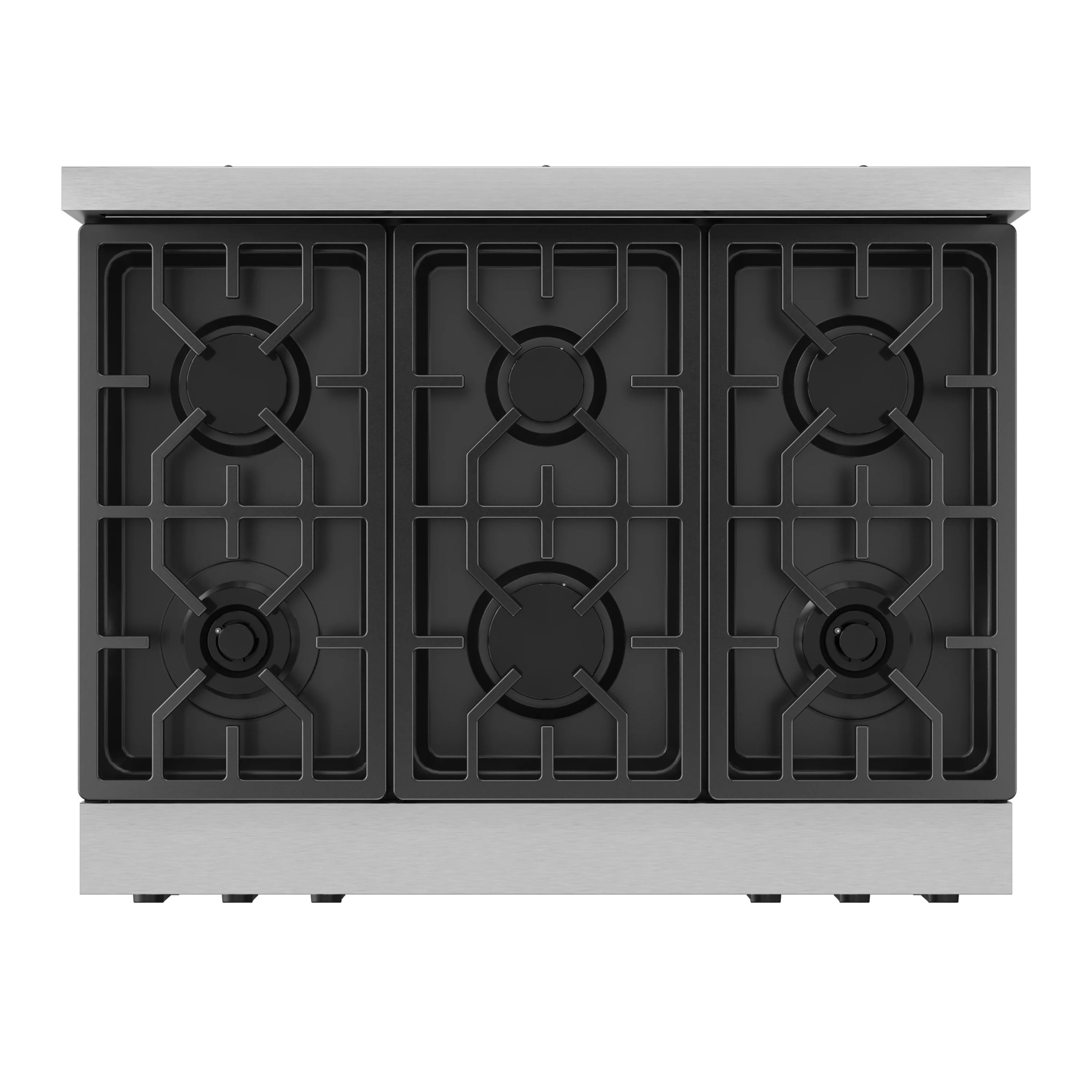 Gas range cooktop with three rows of black burner grates on stainless steel
