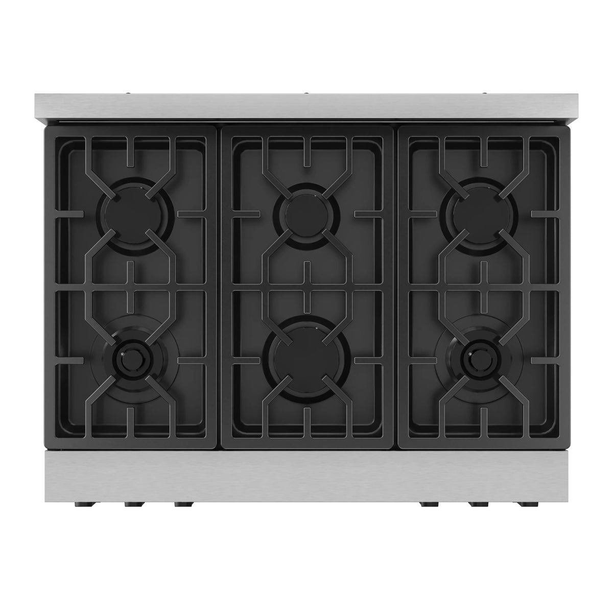 Stainless steel propane gas range cooktop with six black burner grates