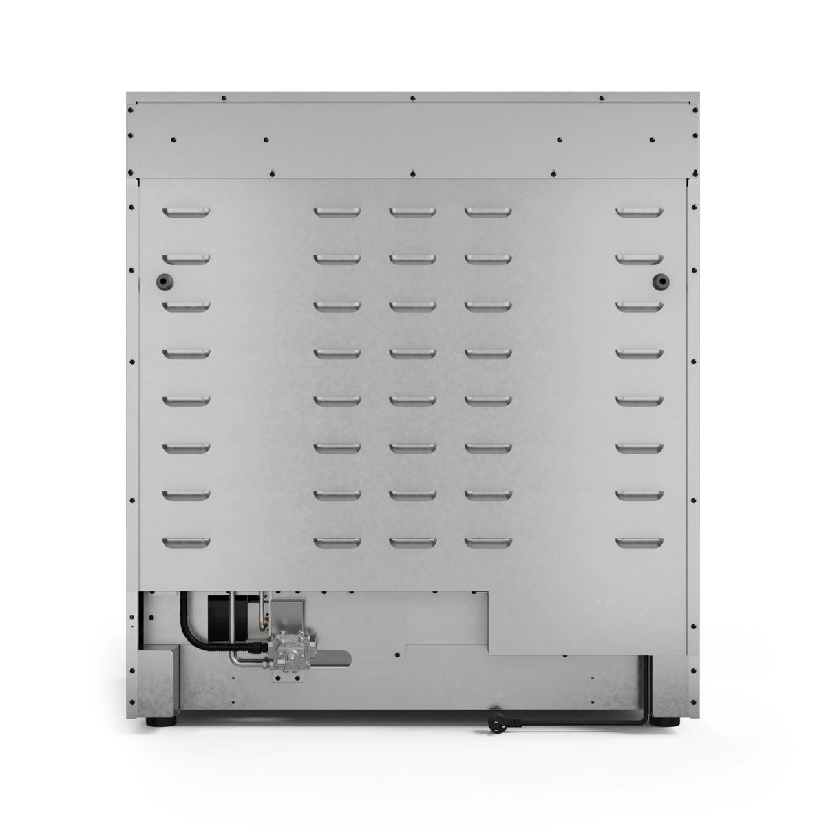 Back view of stainless gas range with vented metal panel and internal connections