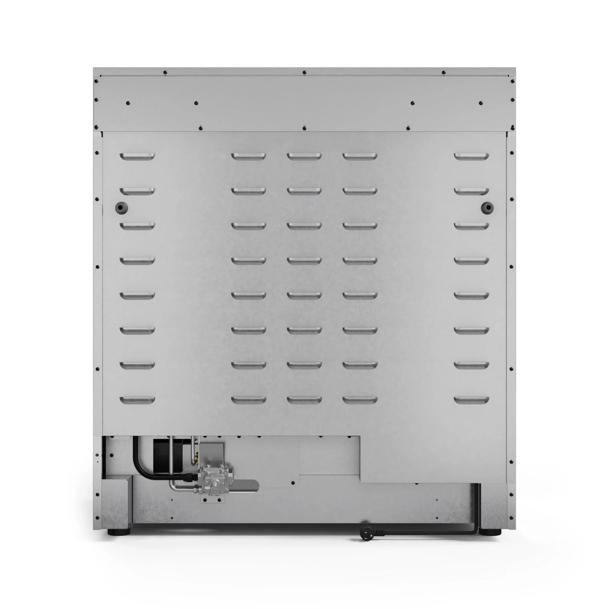 Underside panel of a gas range with vented grid and mounting points
