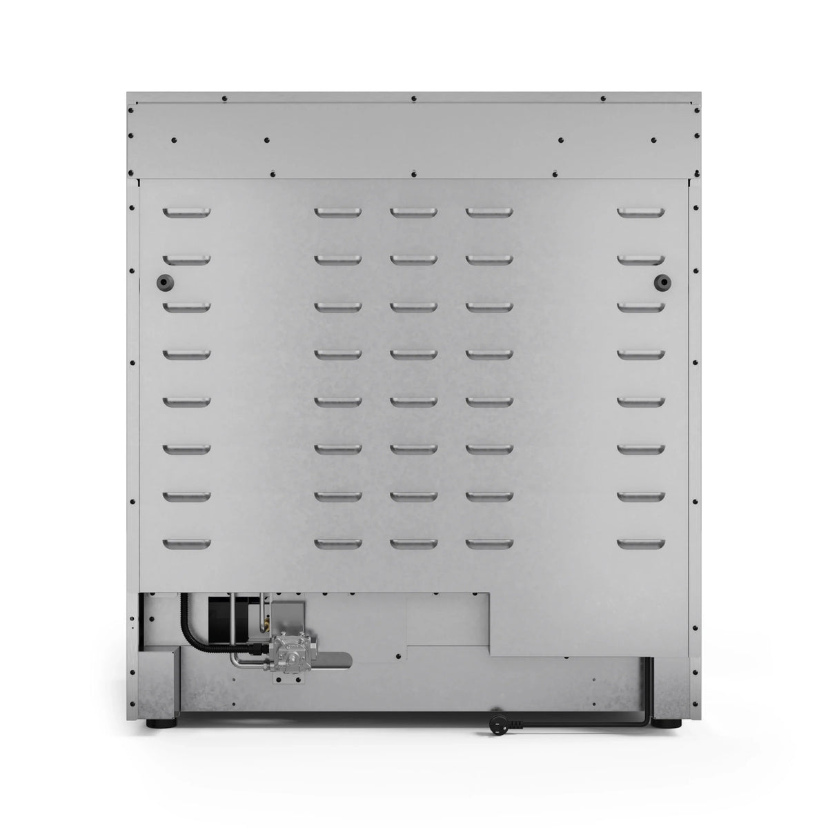 Gas range rear panel with control port openings and vented metal face