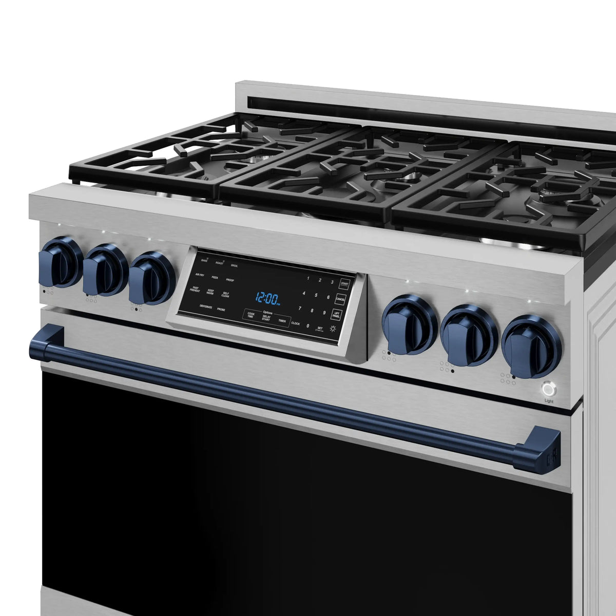 Stainless gas range control panel with blue knobs and black cooktop grates