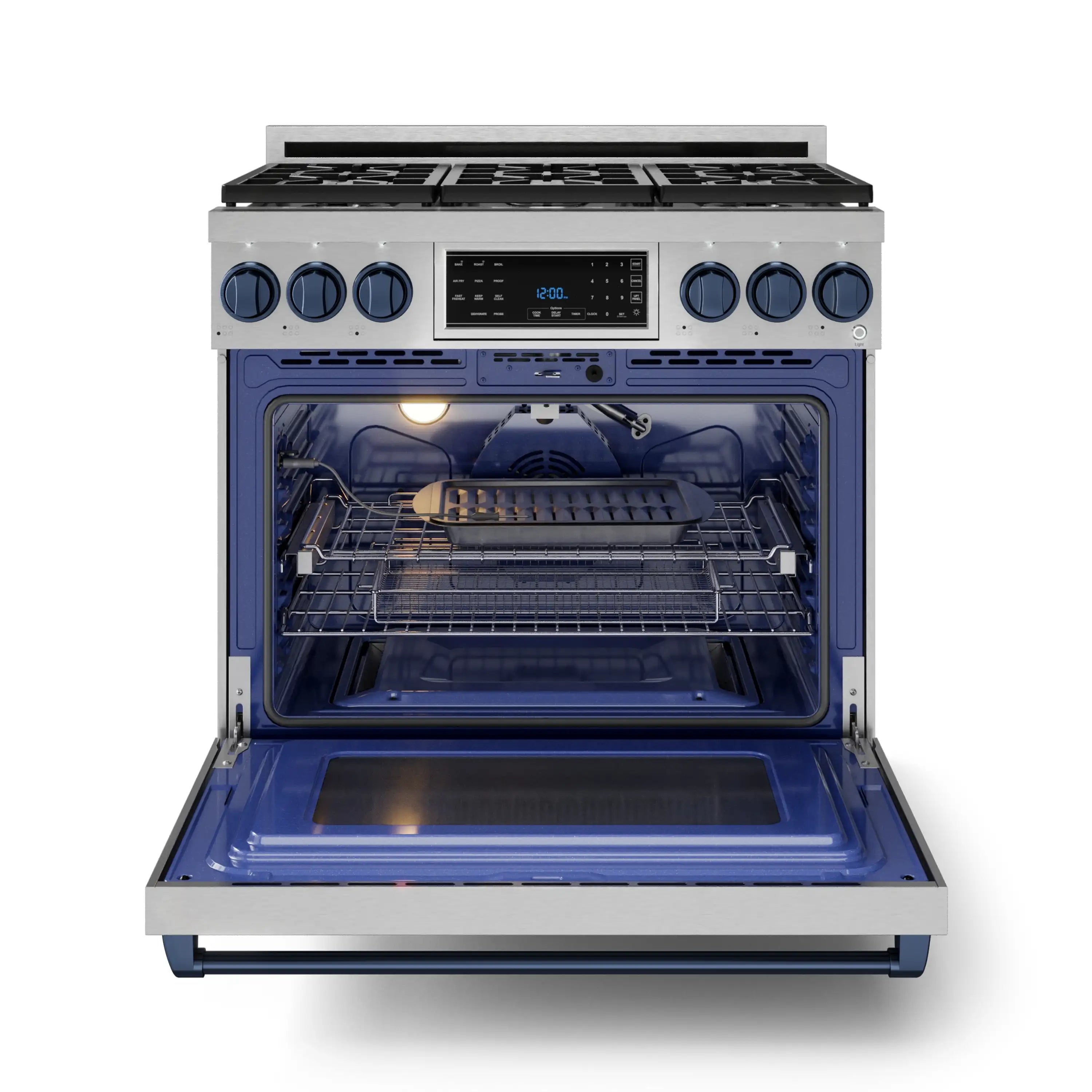 Gas range with oven door open, blue interior, and blue knob control panel