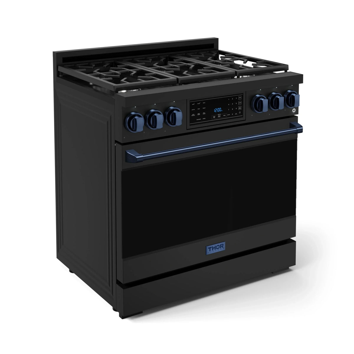 Black 36-inch propane gas range with blue control panel and side knobs