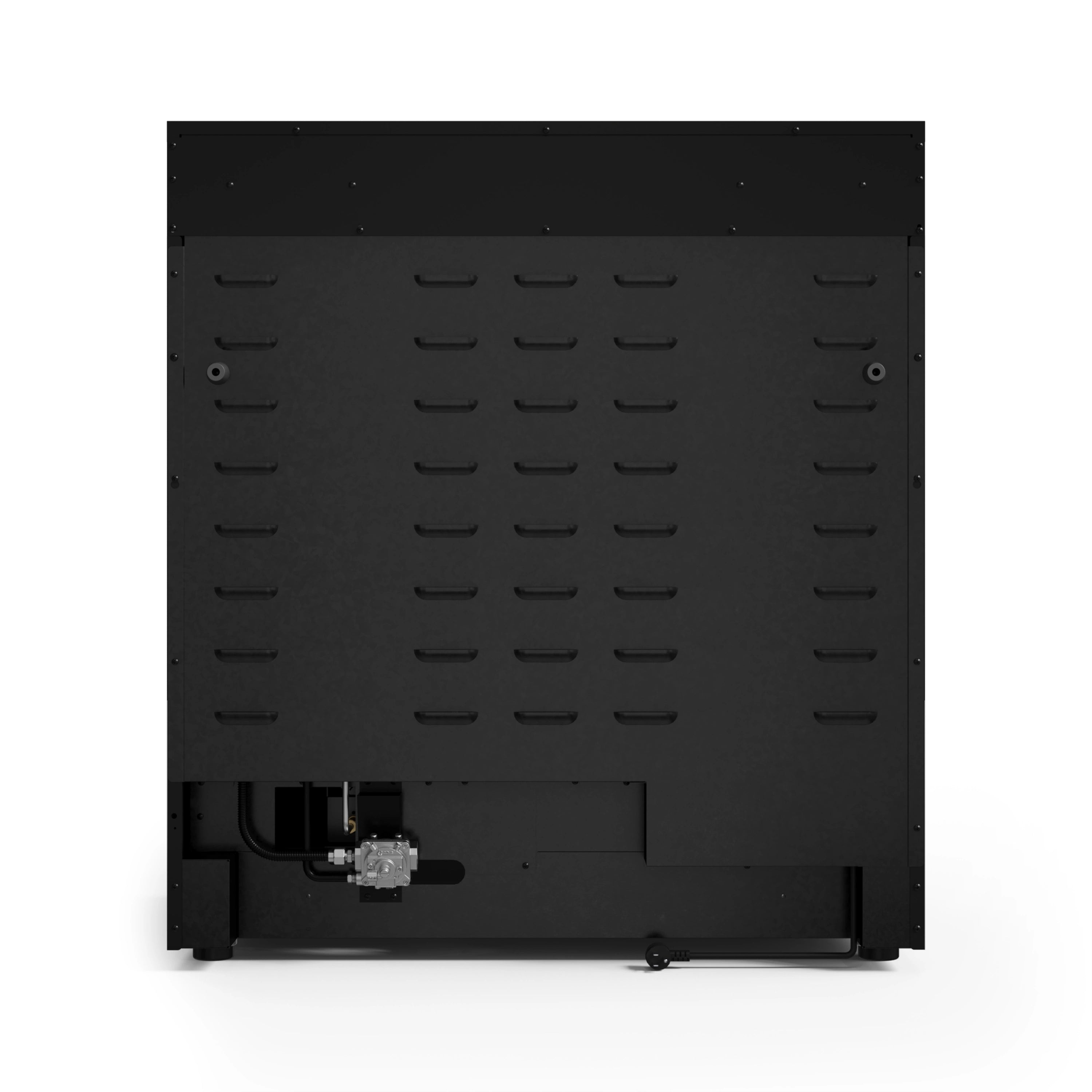 Black gas range rear panel with ventilation cutouts and mounting screws