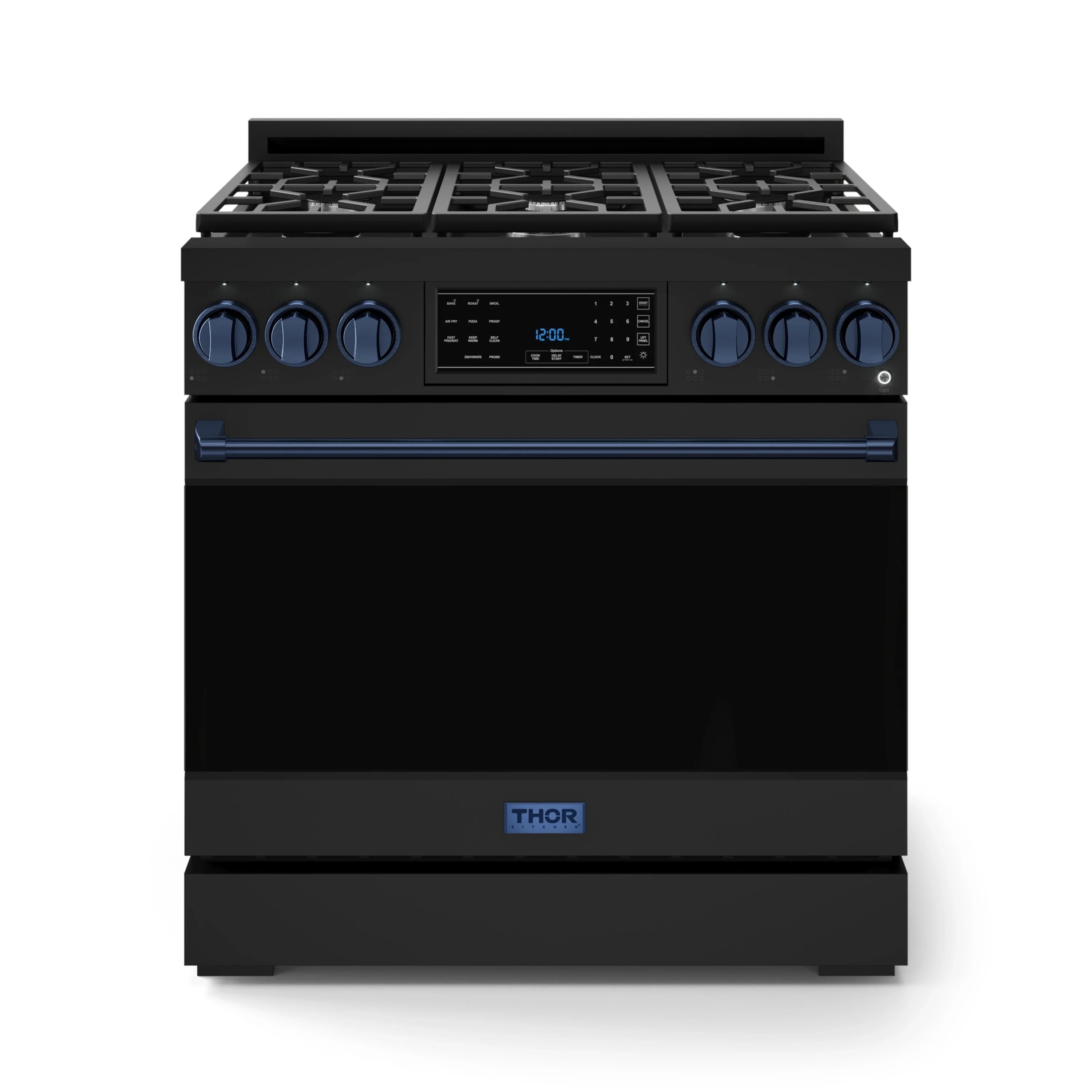 Black 36-inch gas range with blue control knobs and front oven door