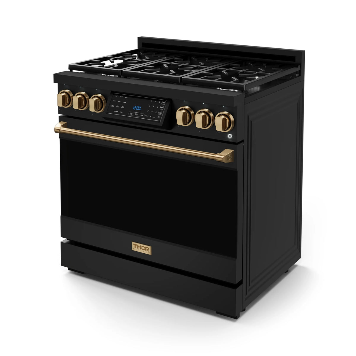 Black propane gas range with bronze control panel, knobs, and gold front handle