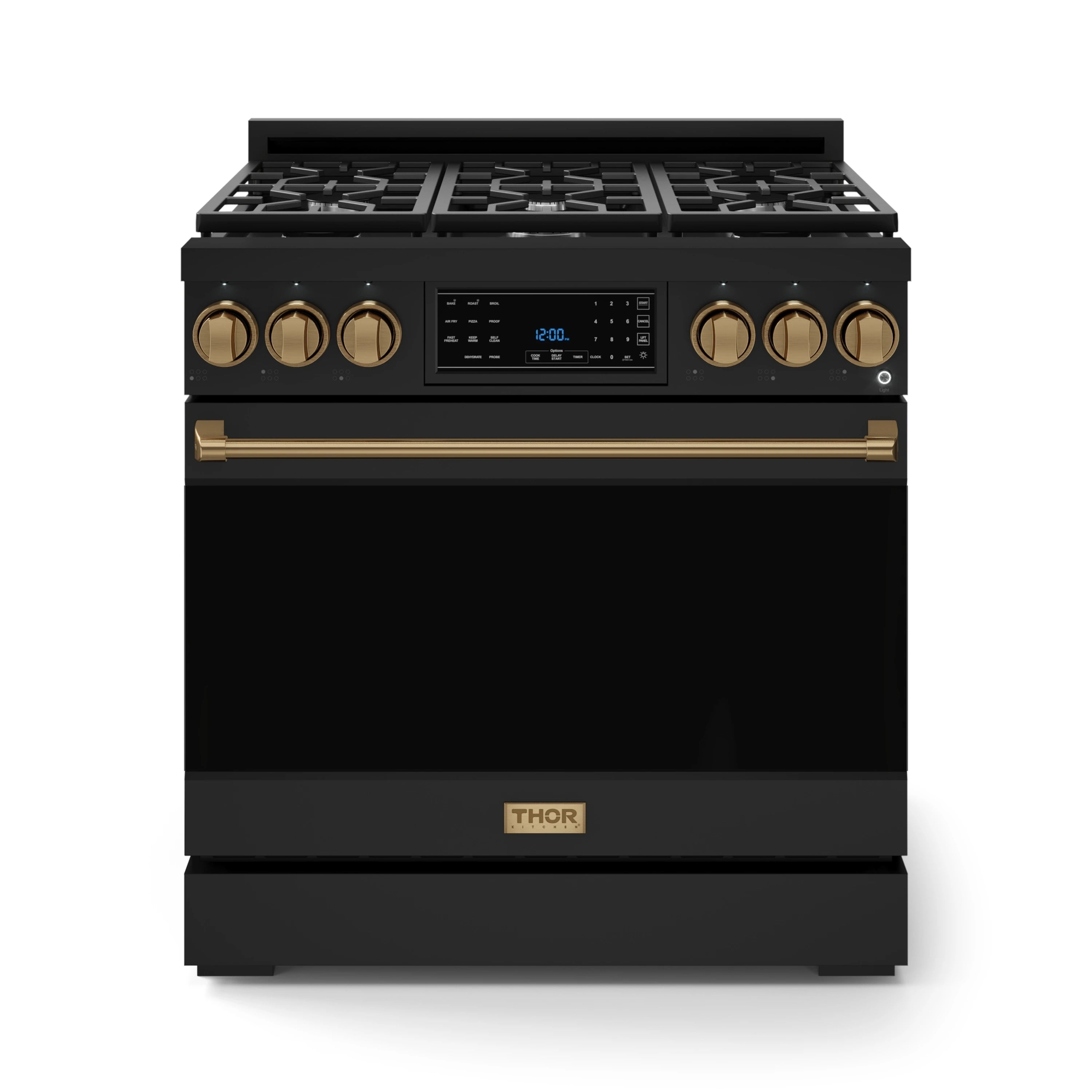Front view of a black gas range with bronze trim, brass knobs, and glass oven door