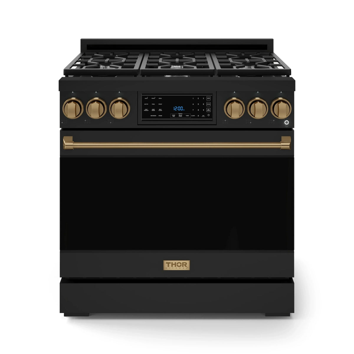 Black propane gas range with bronze knobs and burner grates