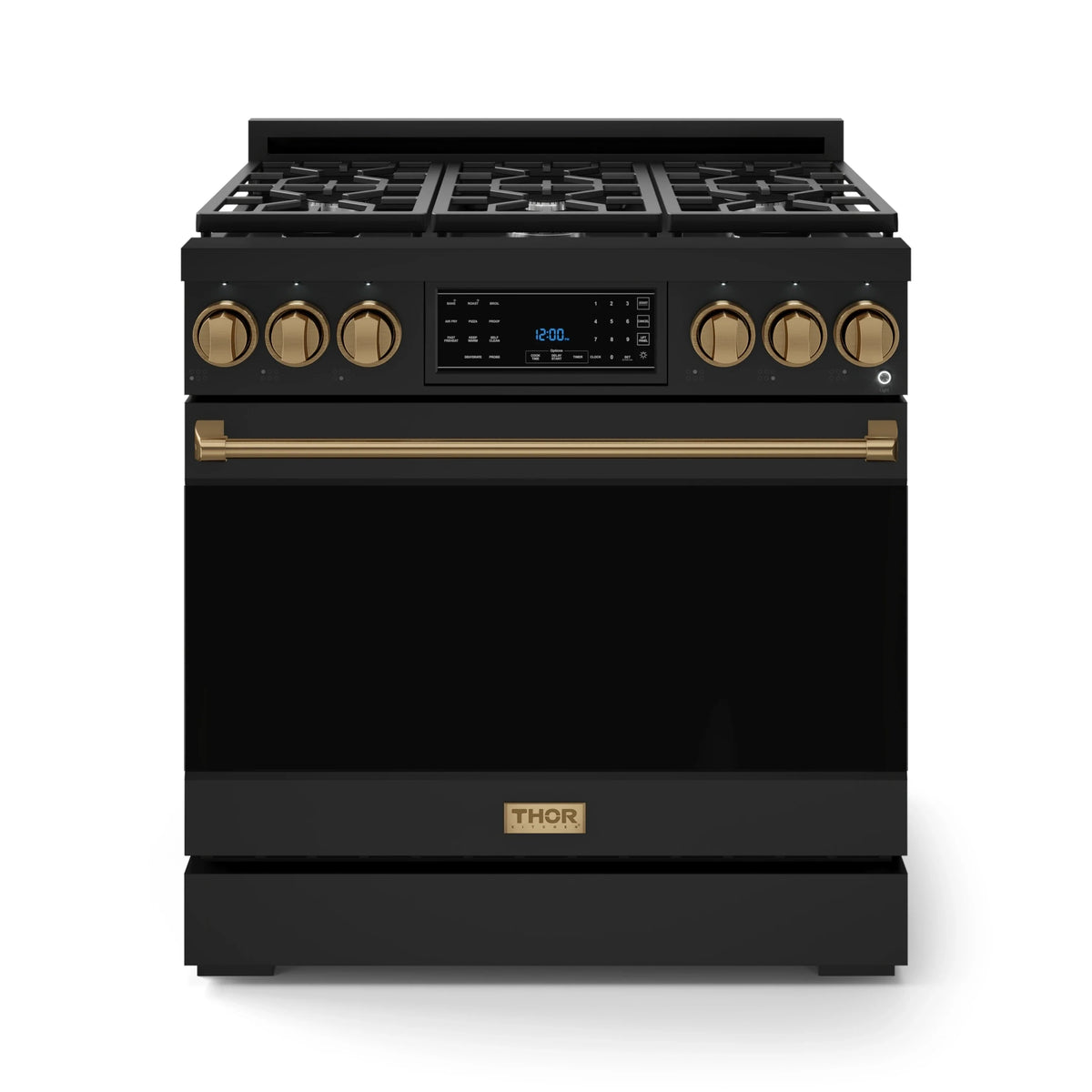 Black 36-inch gas range front view with bronze knobs and control panel