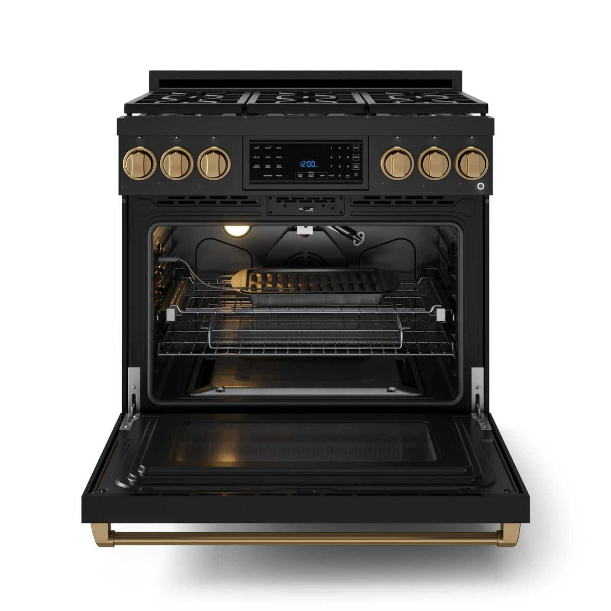 Black gas range with open oven door, visible racks, and bronze control knobs