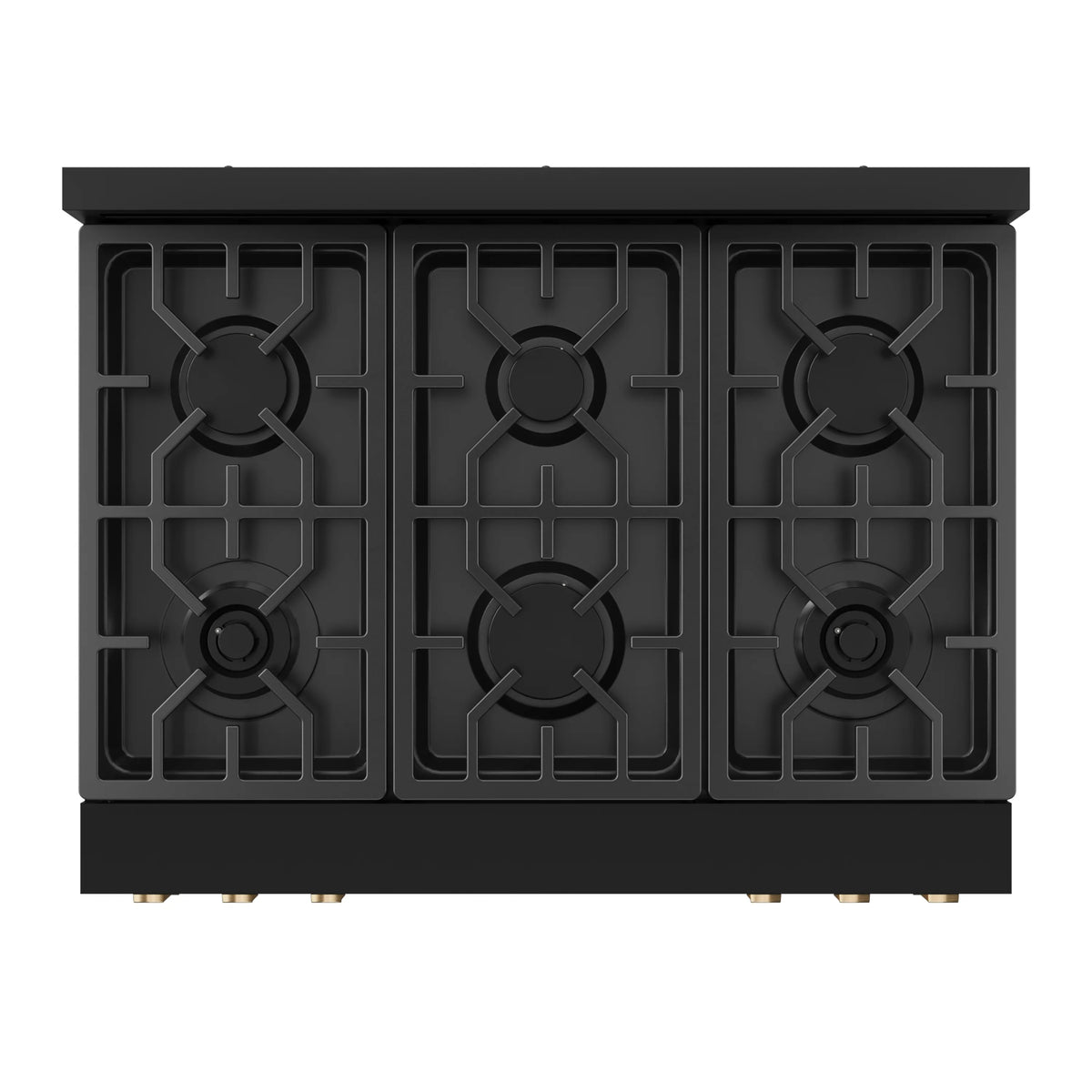 Black cooktop with six burner grates and bronze burner knobs