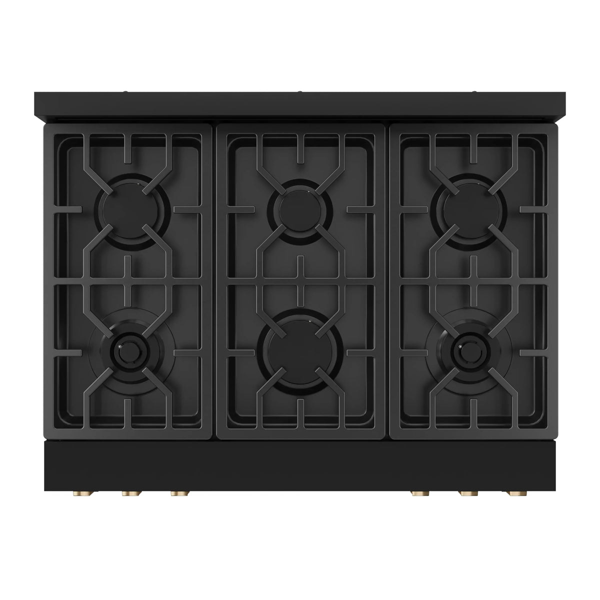 Black cooktop with five recessed burners and matching burner grate outlines