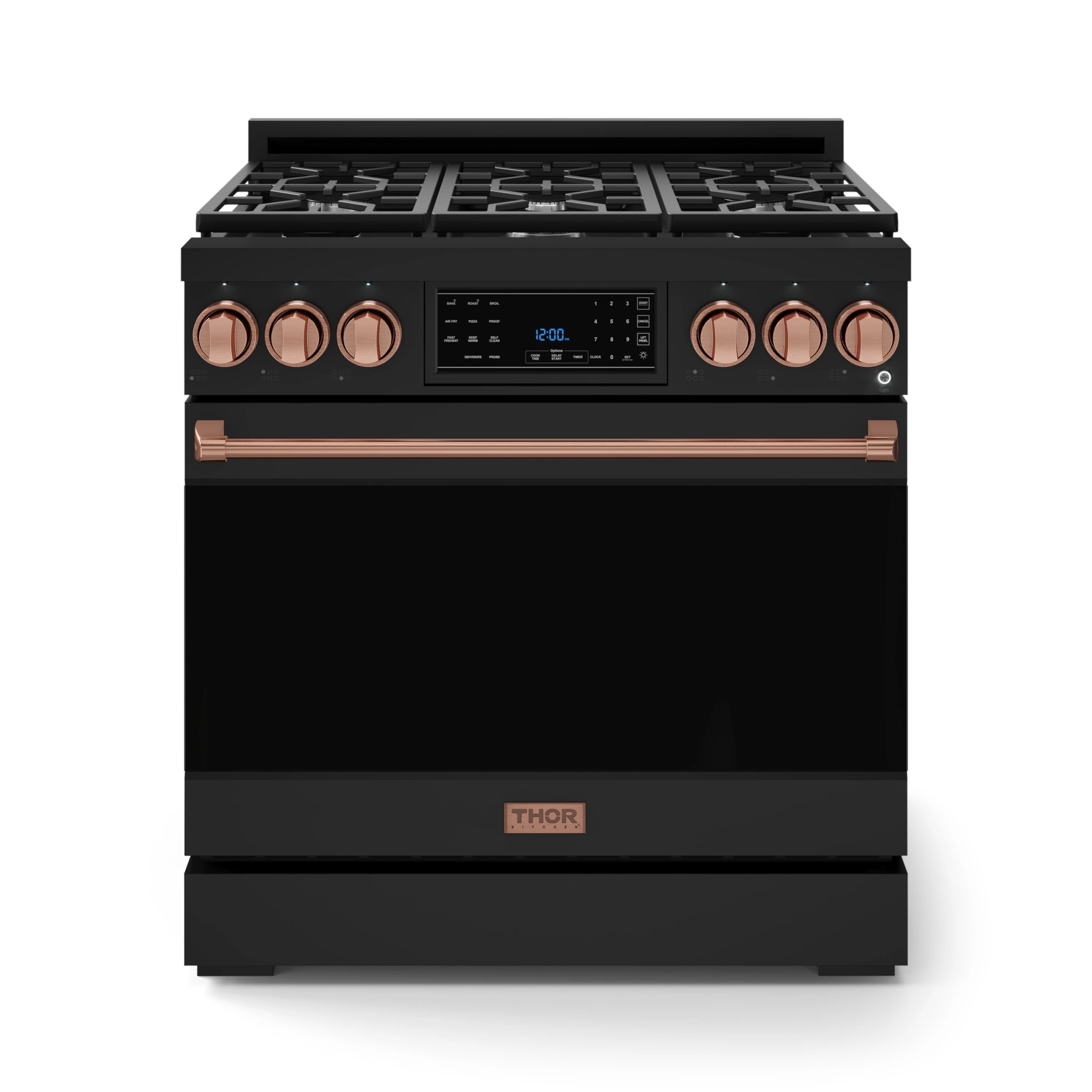 Front view of black gas range with rose gold knobs and oven door, burner grates on top.