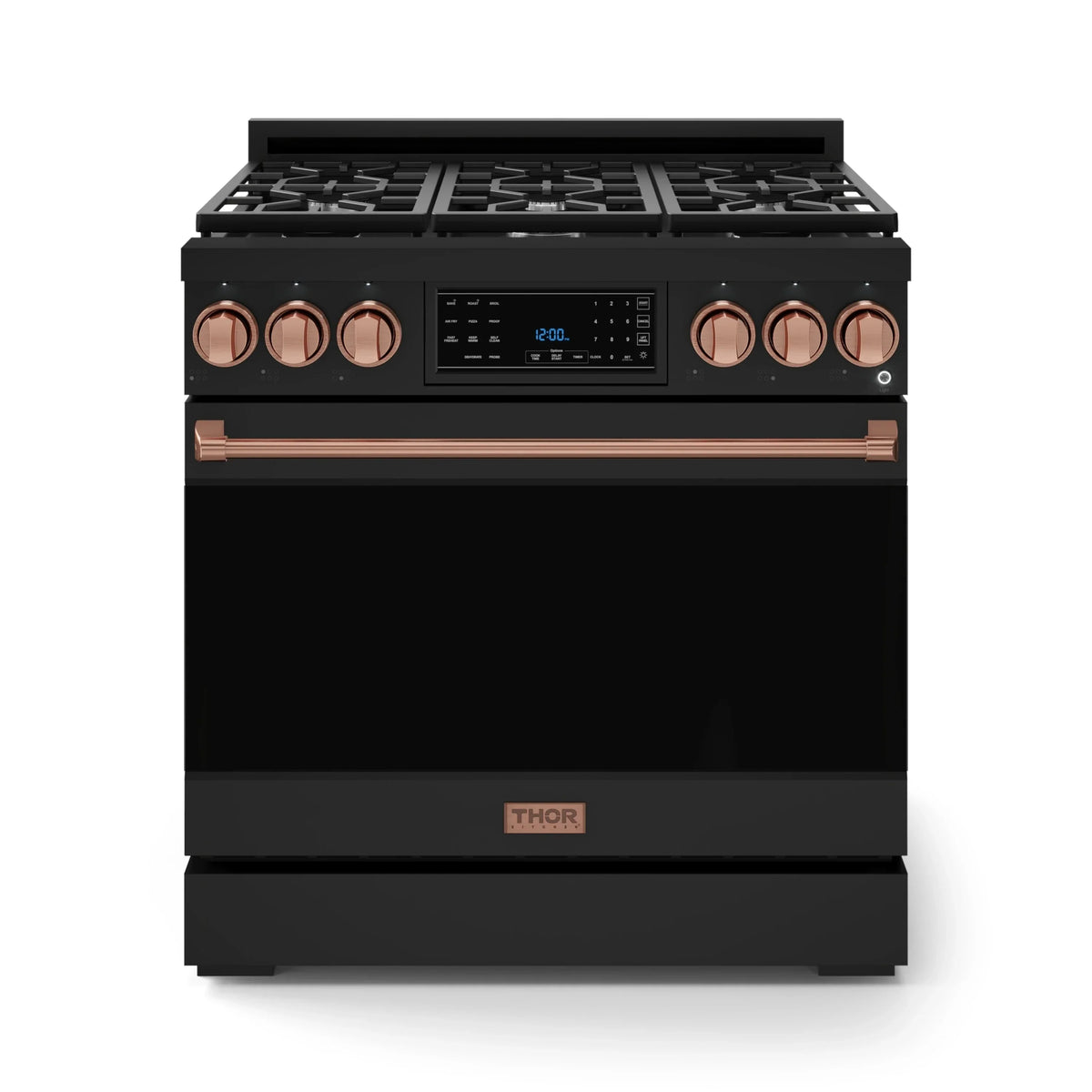 Black 36-inch propane gas range with rose gold knobs and copper-toned control strip.