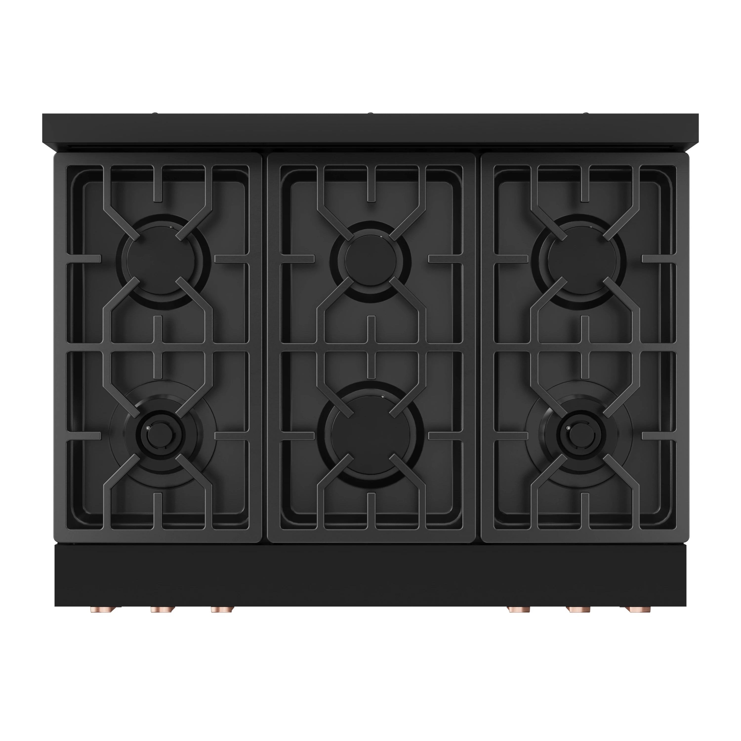 Black gas range cooktop with six burner grates and control knobs