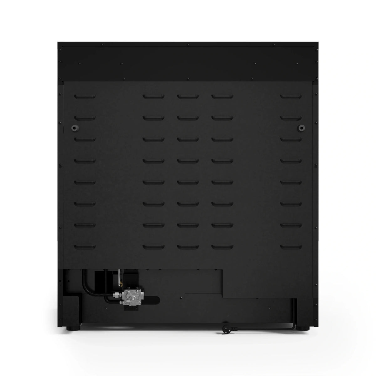 Black appliance back panel with spray nozzle and mounting grid