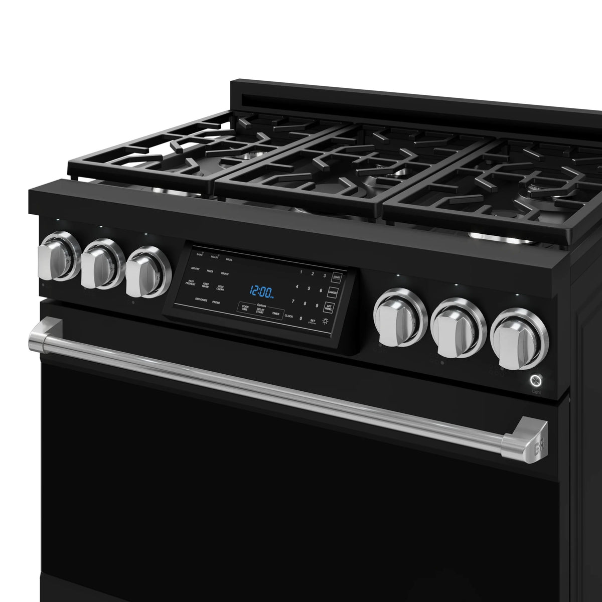 Black 36-inch gas range with stainless-trim control panel and grates