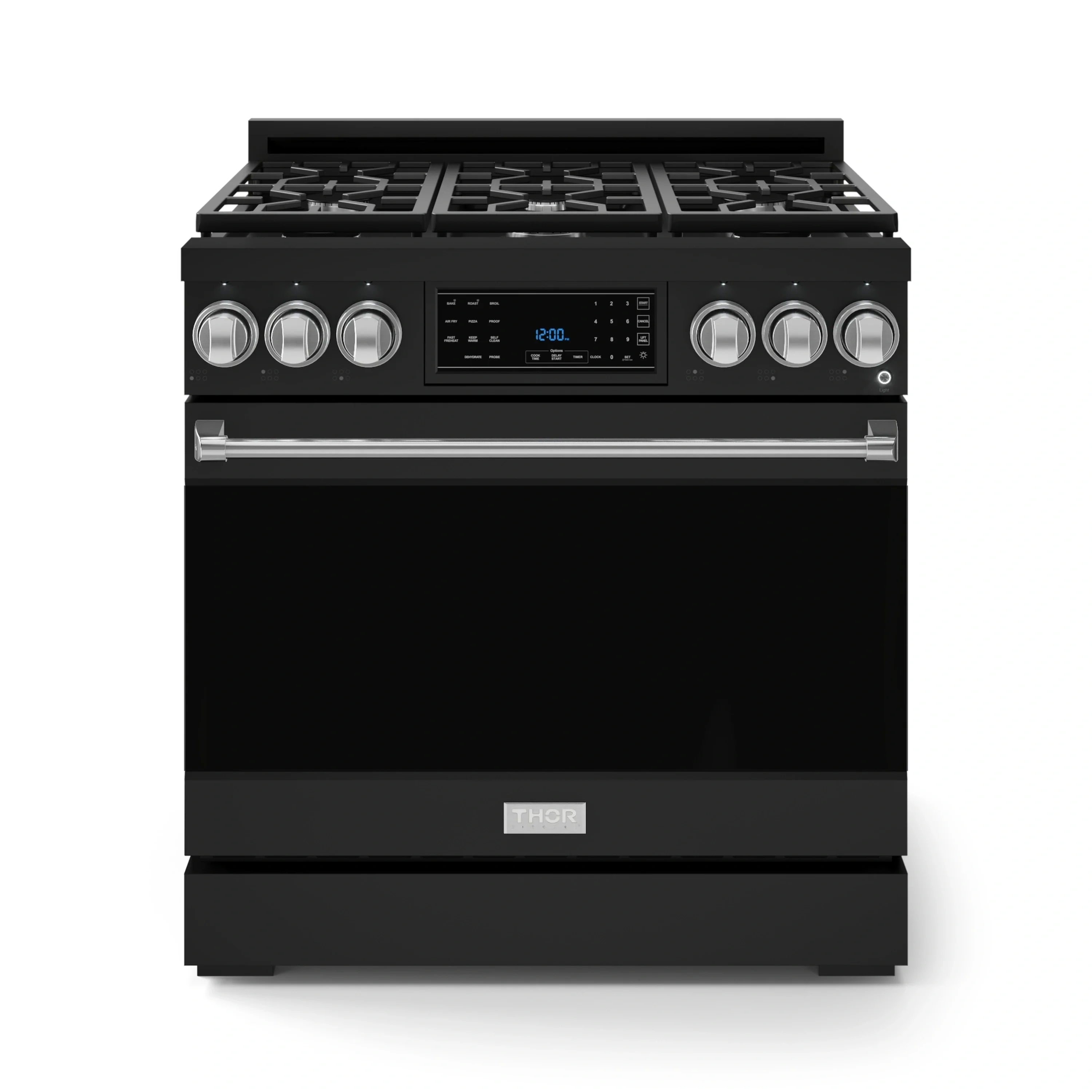 Black 36-inch gas range with four burners and control panel, front view