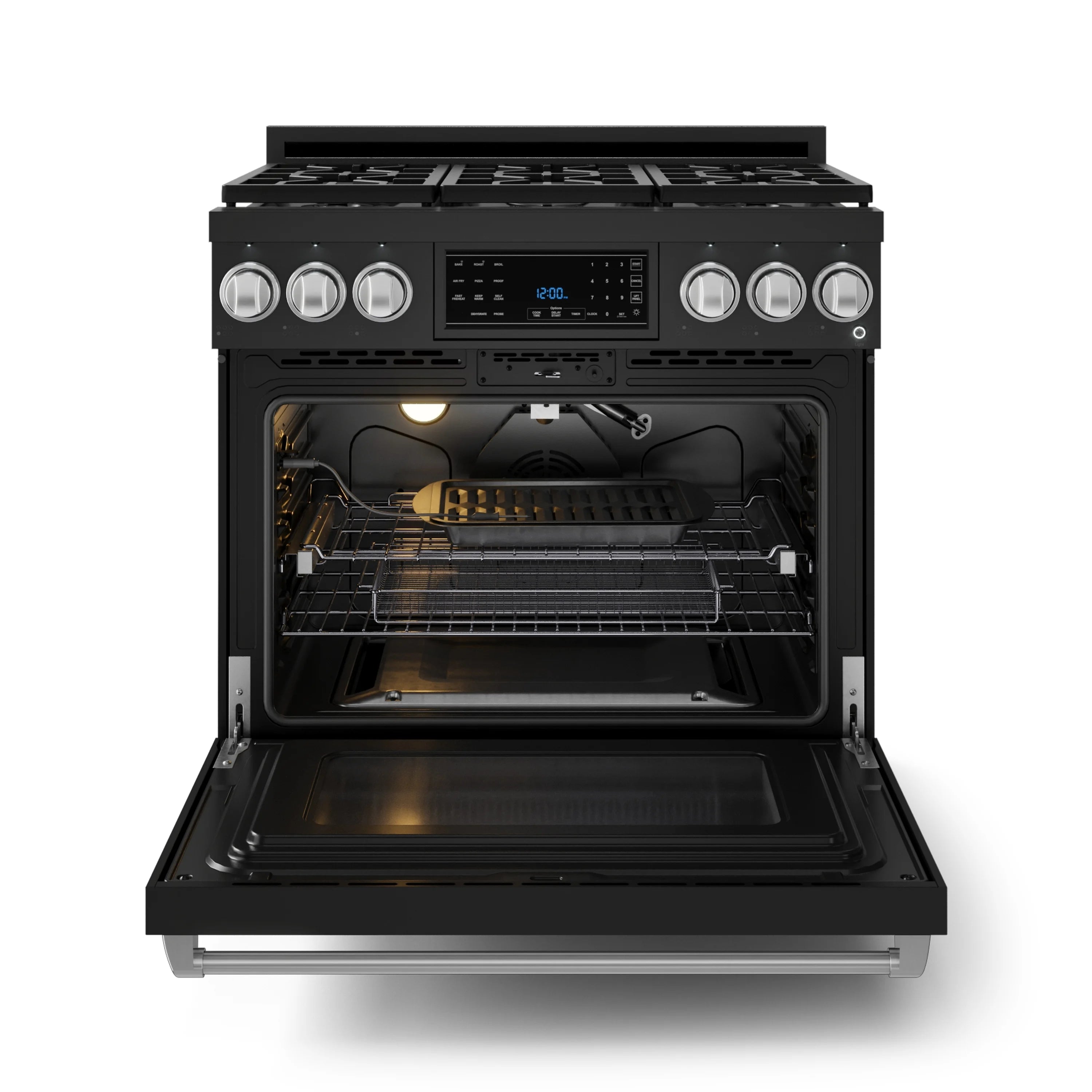 Black gas range with stainless trim and open oven door showing interior racks