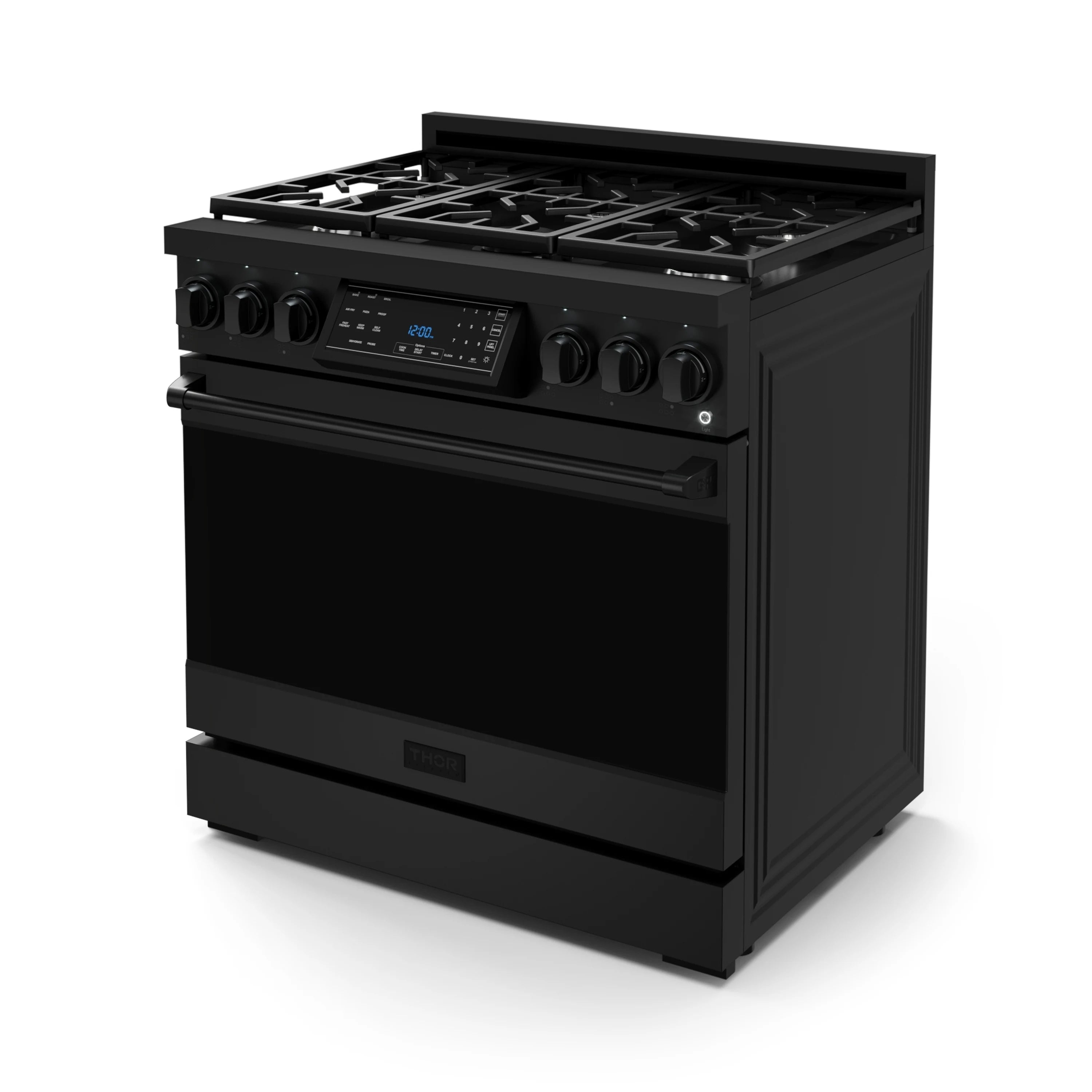 Black professional gas range with front burner grates and touch control panel