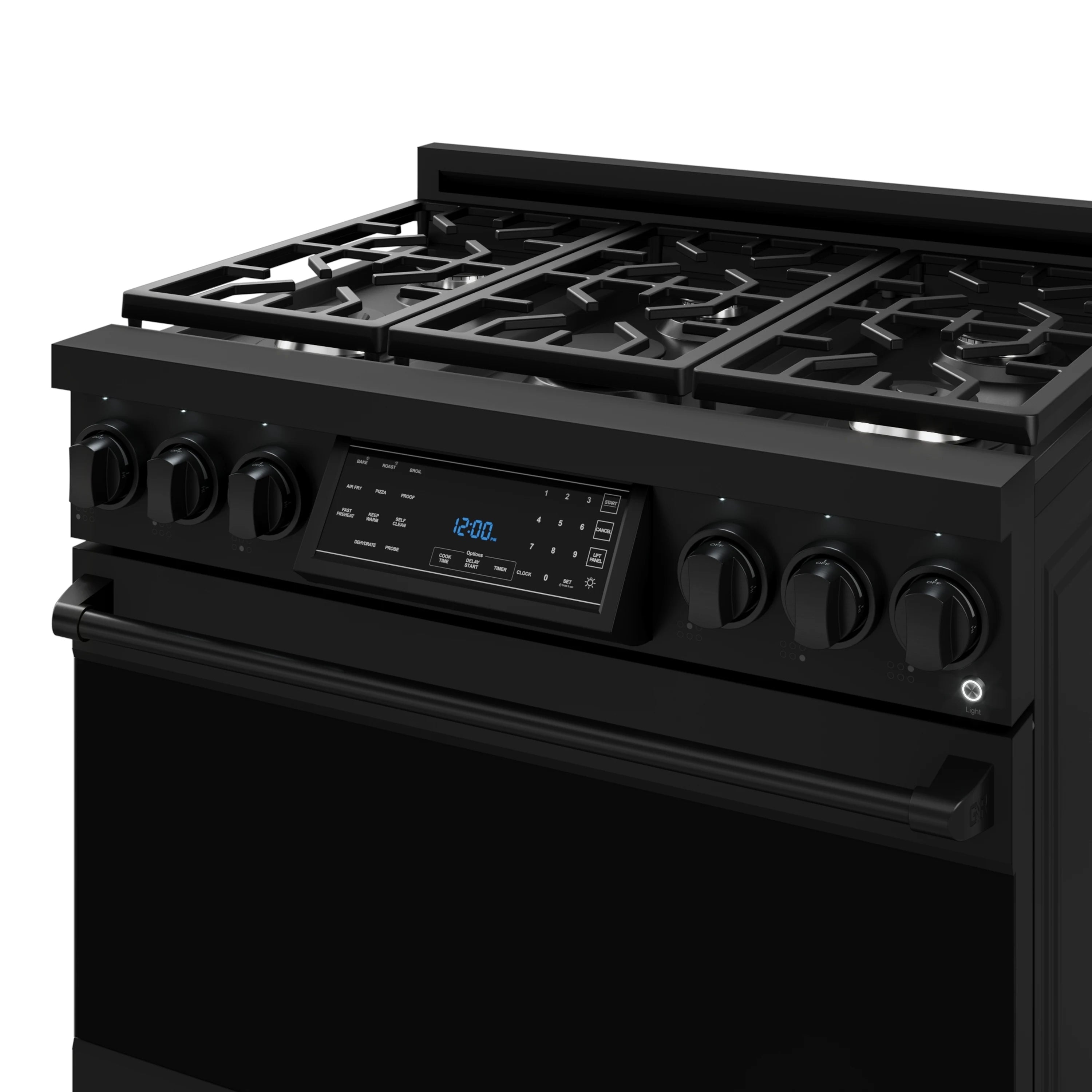 Close-up of black gas range control panel with display and burner knobs