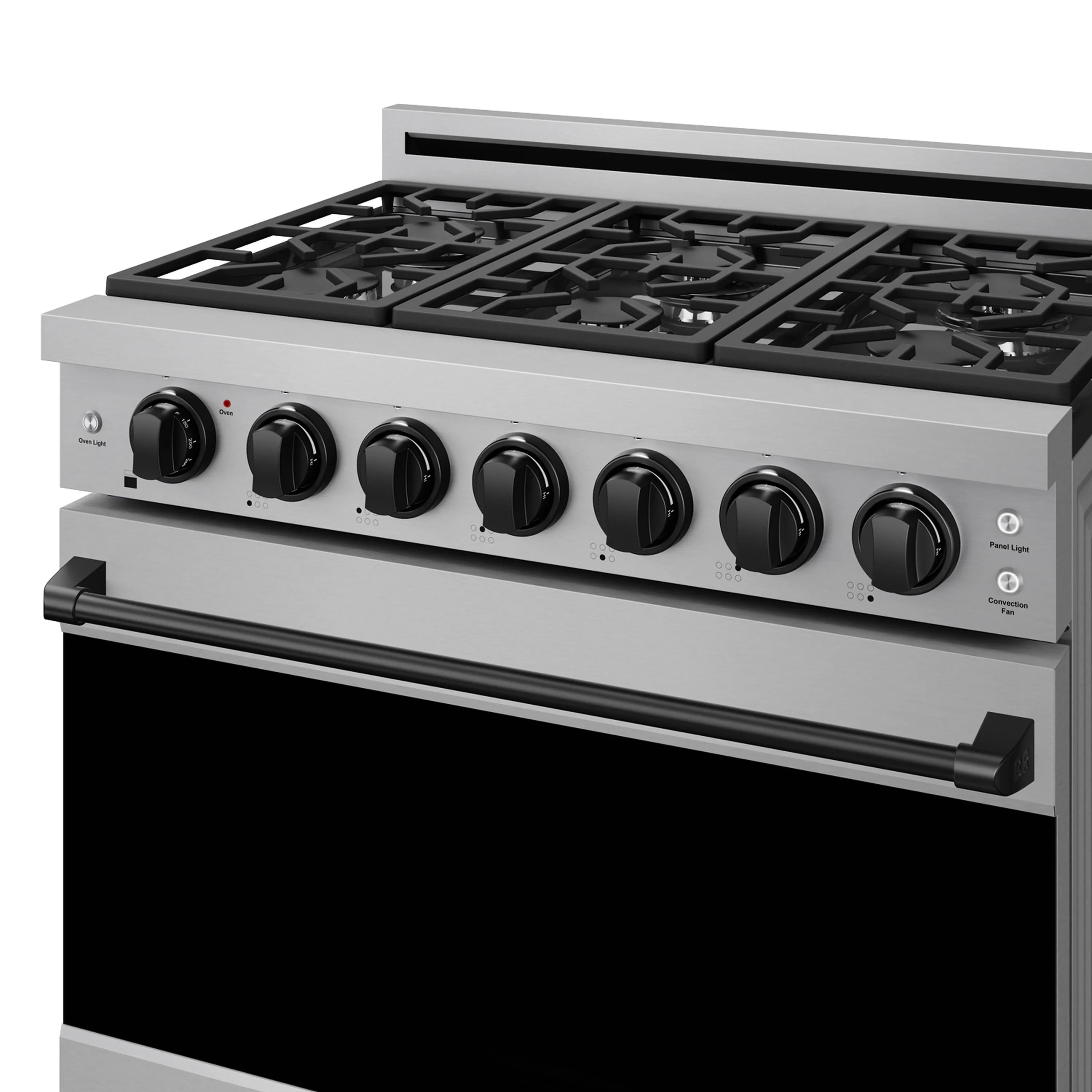 Stainless steel propane gas range with black burner grates and control knobs