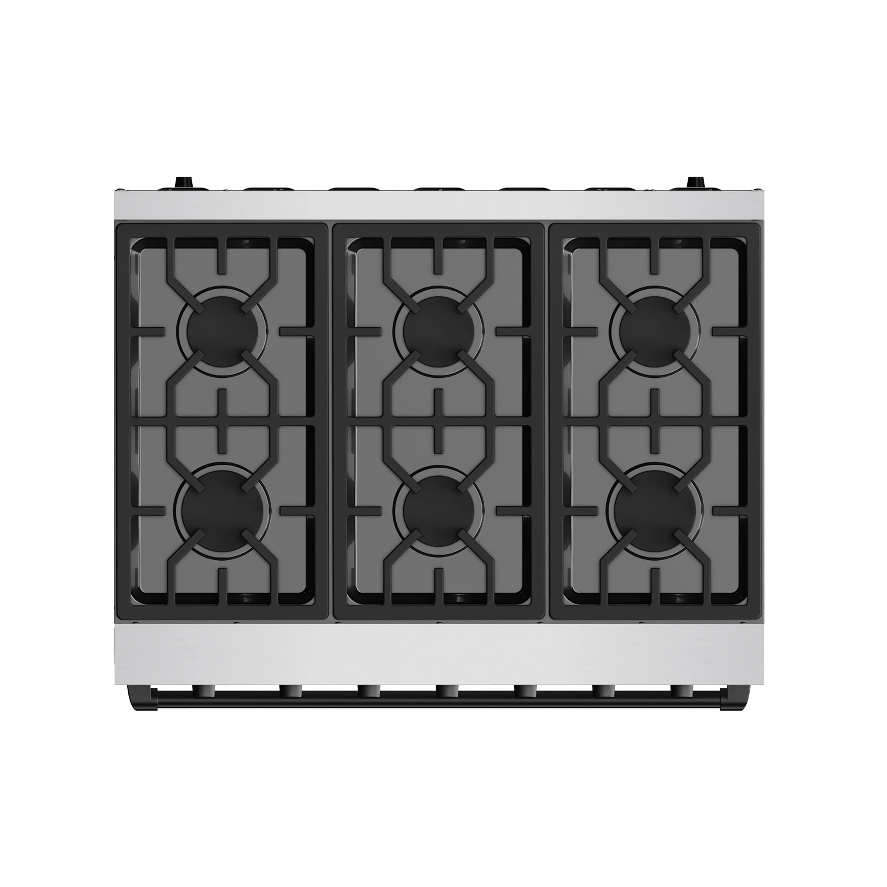 Black cast-iron burner grates for a stainless steel propane gas range