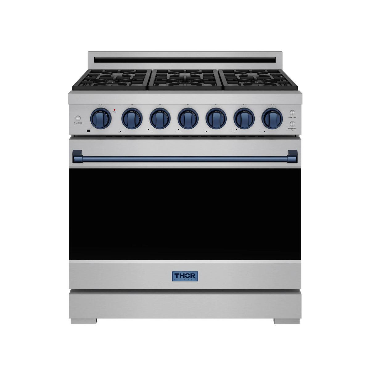 Stainless steel natural gas range front view with blue trim and THOR badge
