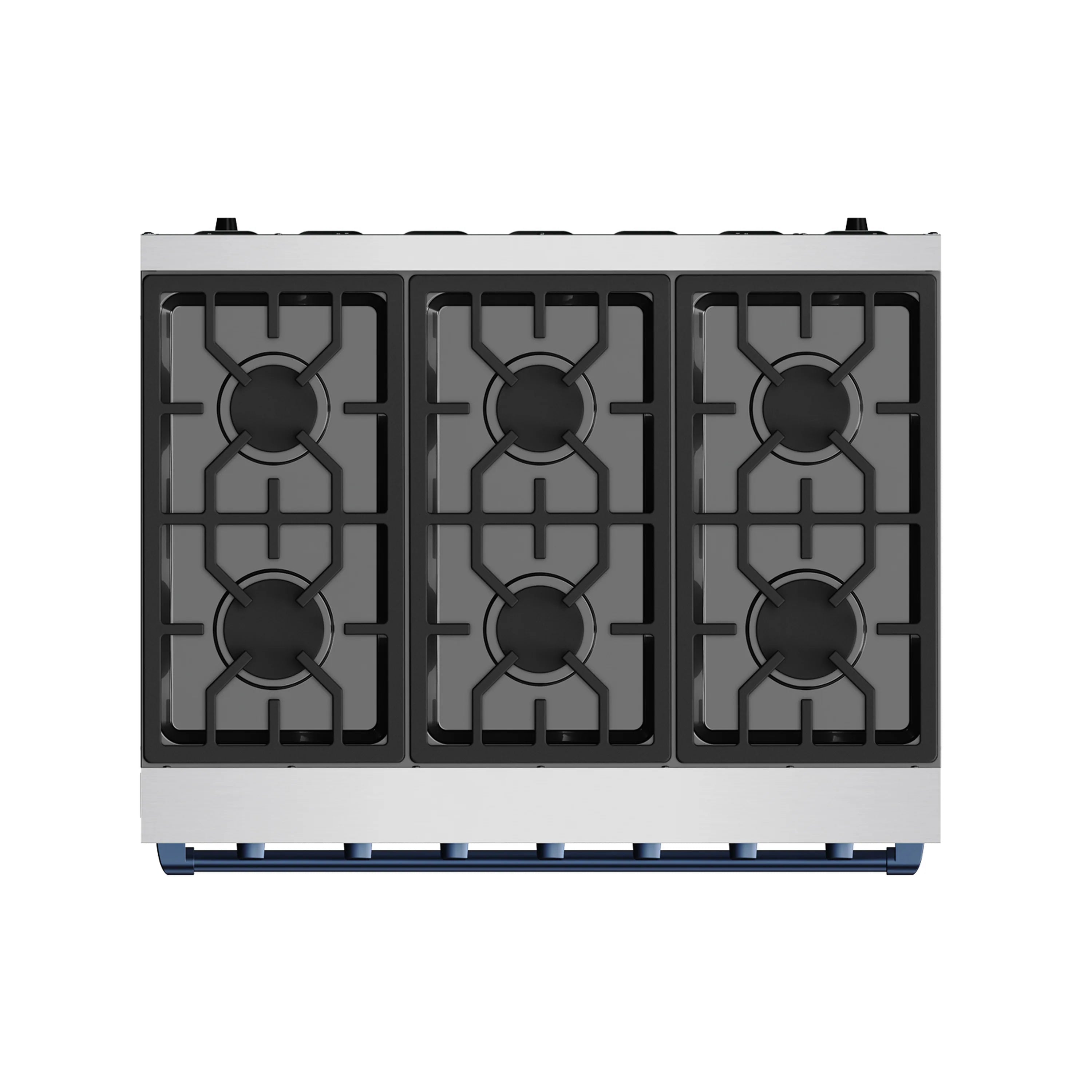 Stainless steel burner grates for propane gas range with blue trim detail along the front